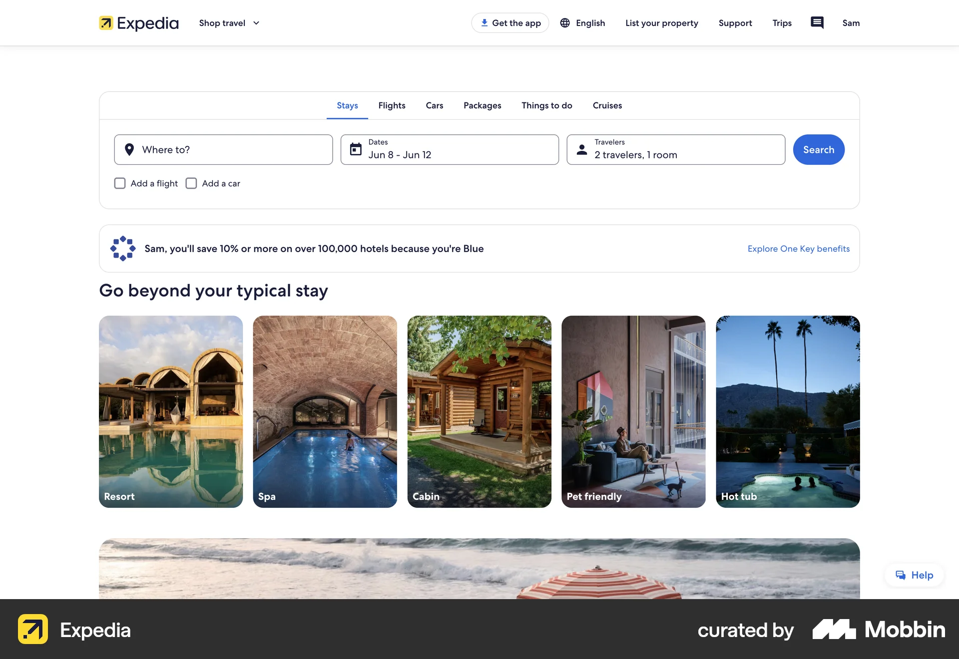 Expedia Web Home screen
