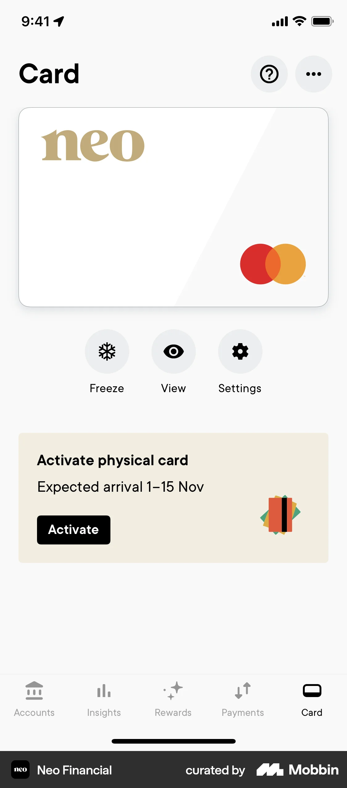 Neo Financial iOS Wallet & Balance screen