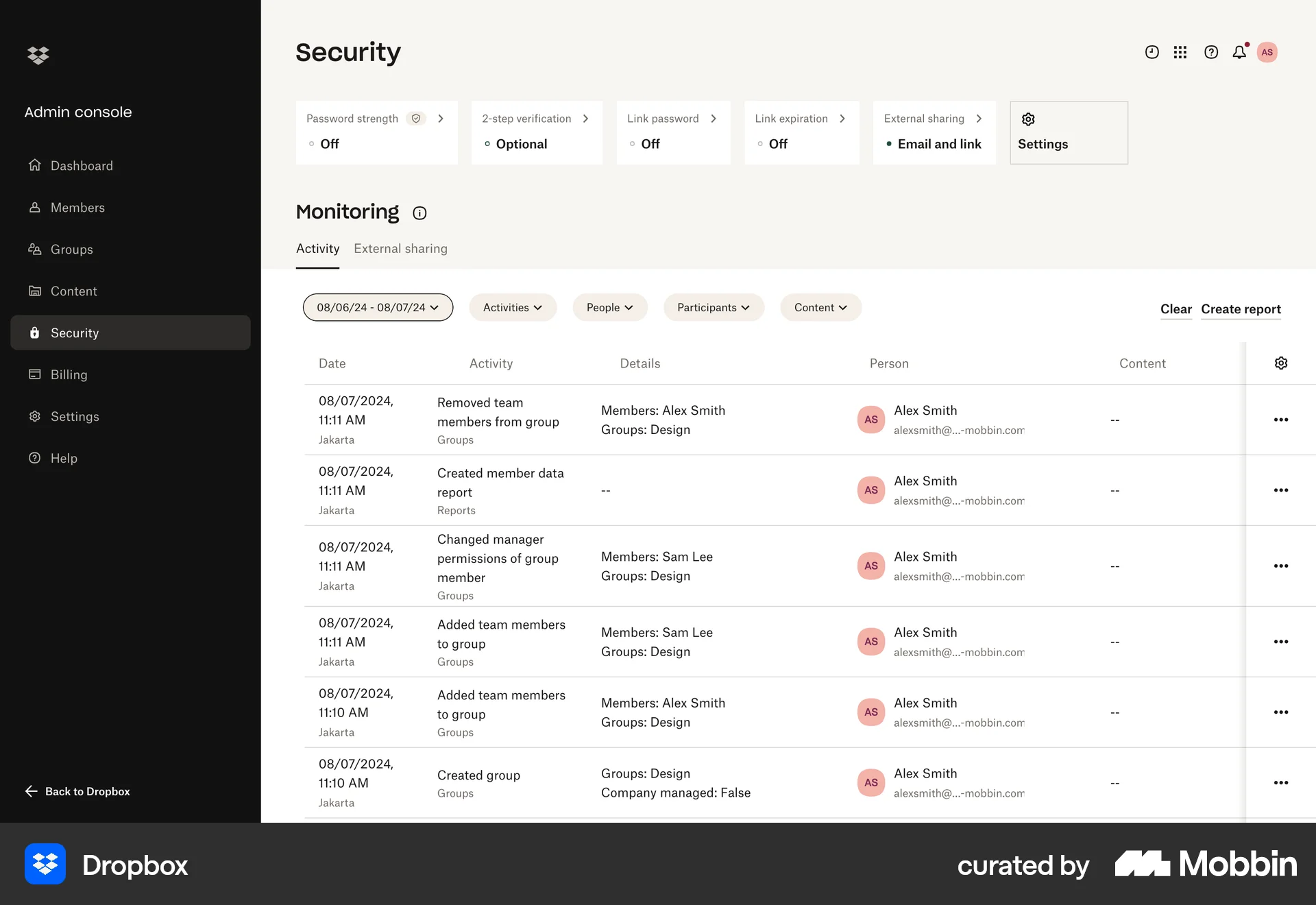 Dropbox Web Log Dashboard screen