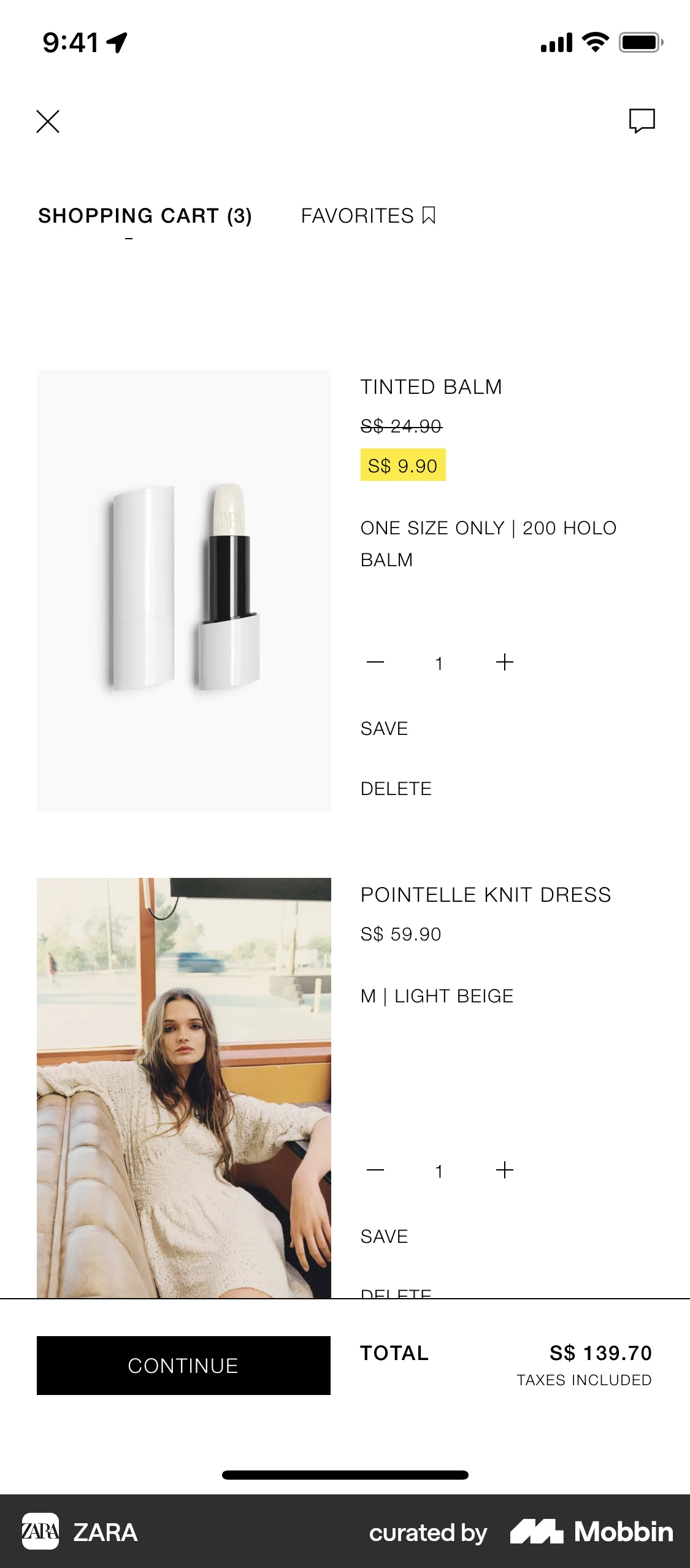ZARA iOS Mobile Shopping Cart screen