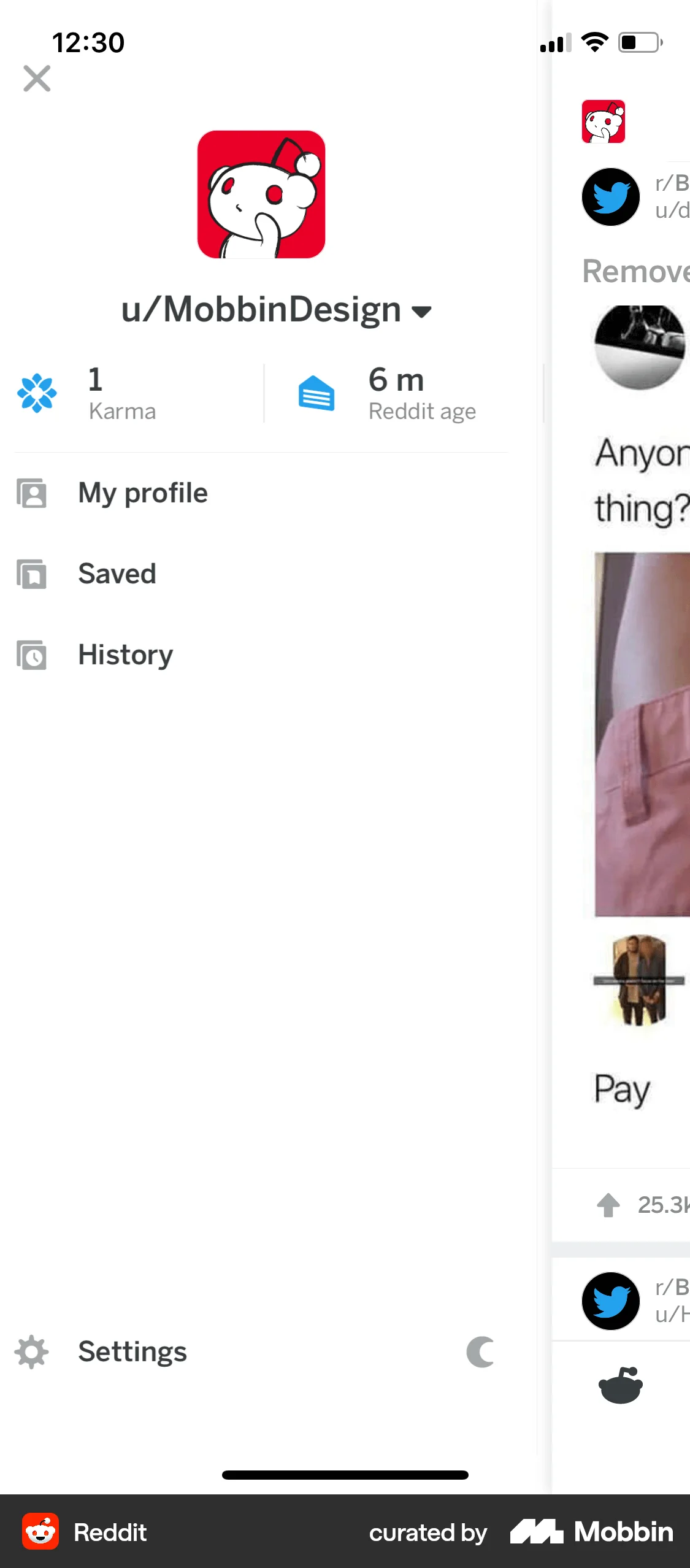 Reddit iOS screen containing Drawer UI element