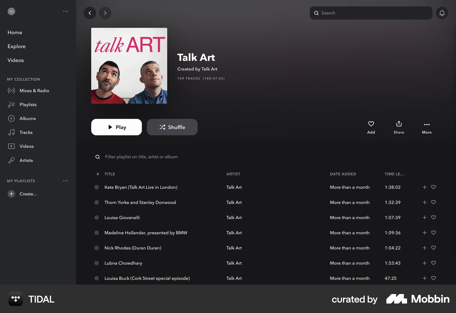 TIDAL Web Song & Podcast Detail screen