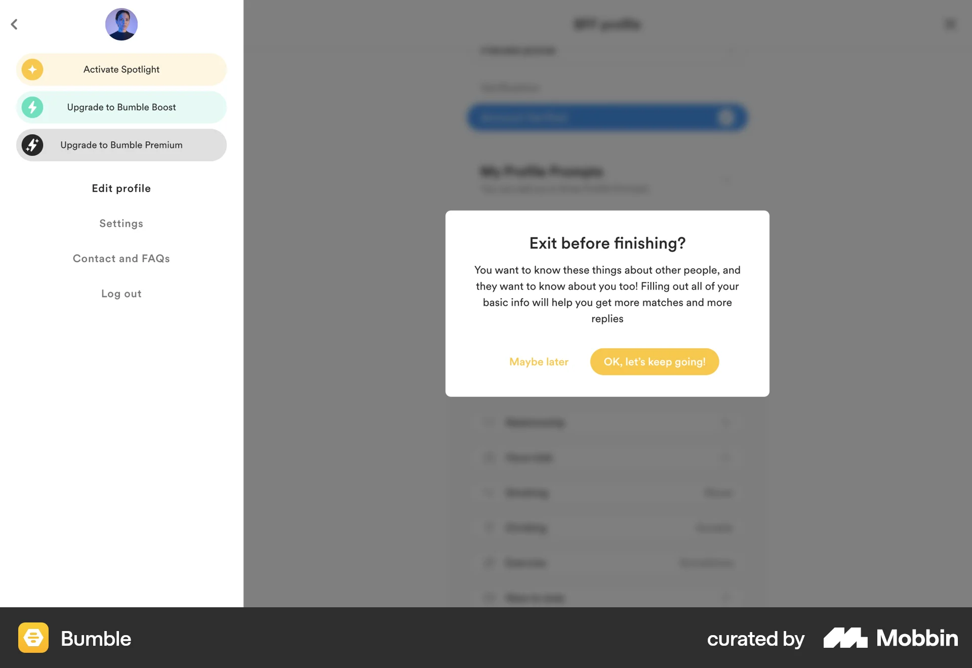Bumble Web Confirmation screen