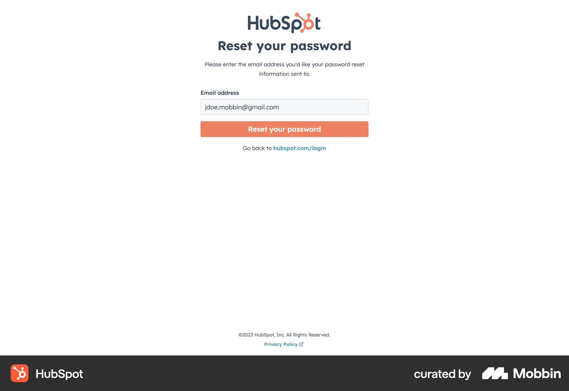 HubSpot Web Forgot Password screen