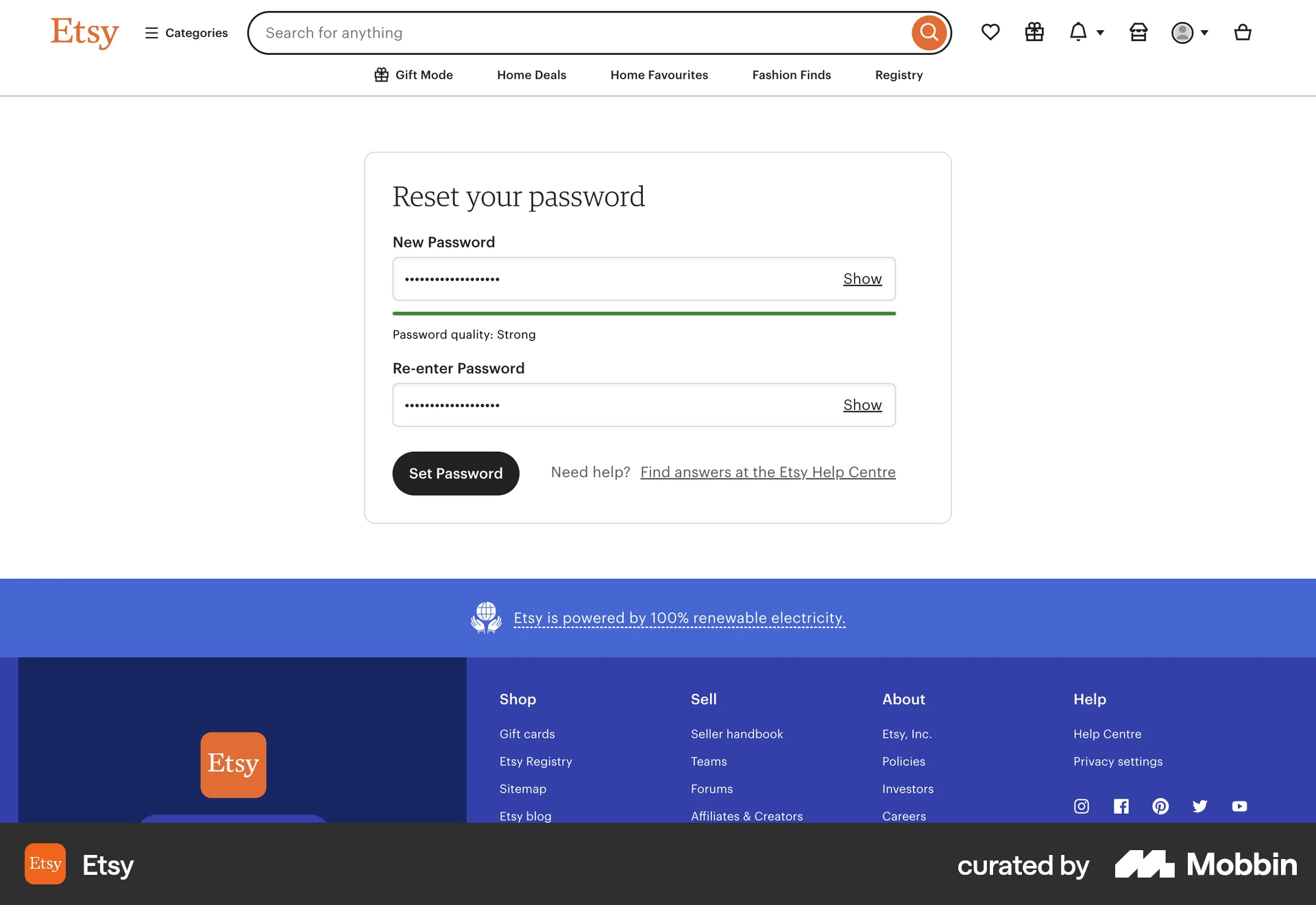 Etsy Web Forgot Password screen