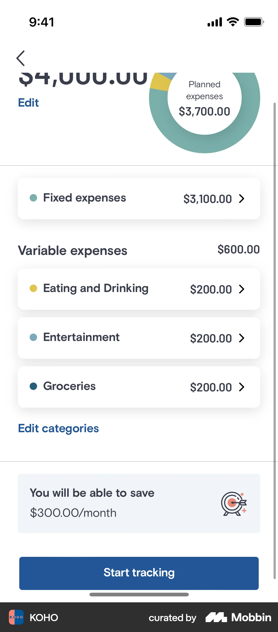 KOHO iOS Pie Chart UI screen