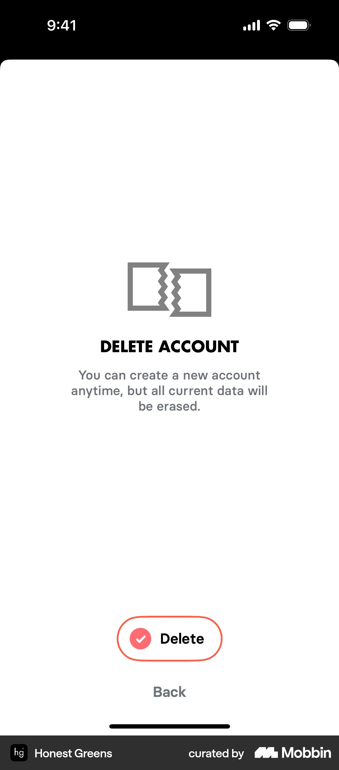 Honest Greens iOS Delete & Deactivate Account screen