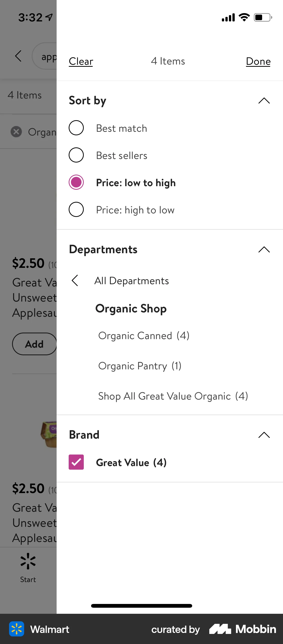 Walmart iOS screen containing Drawer UI element