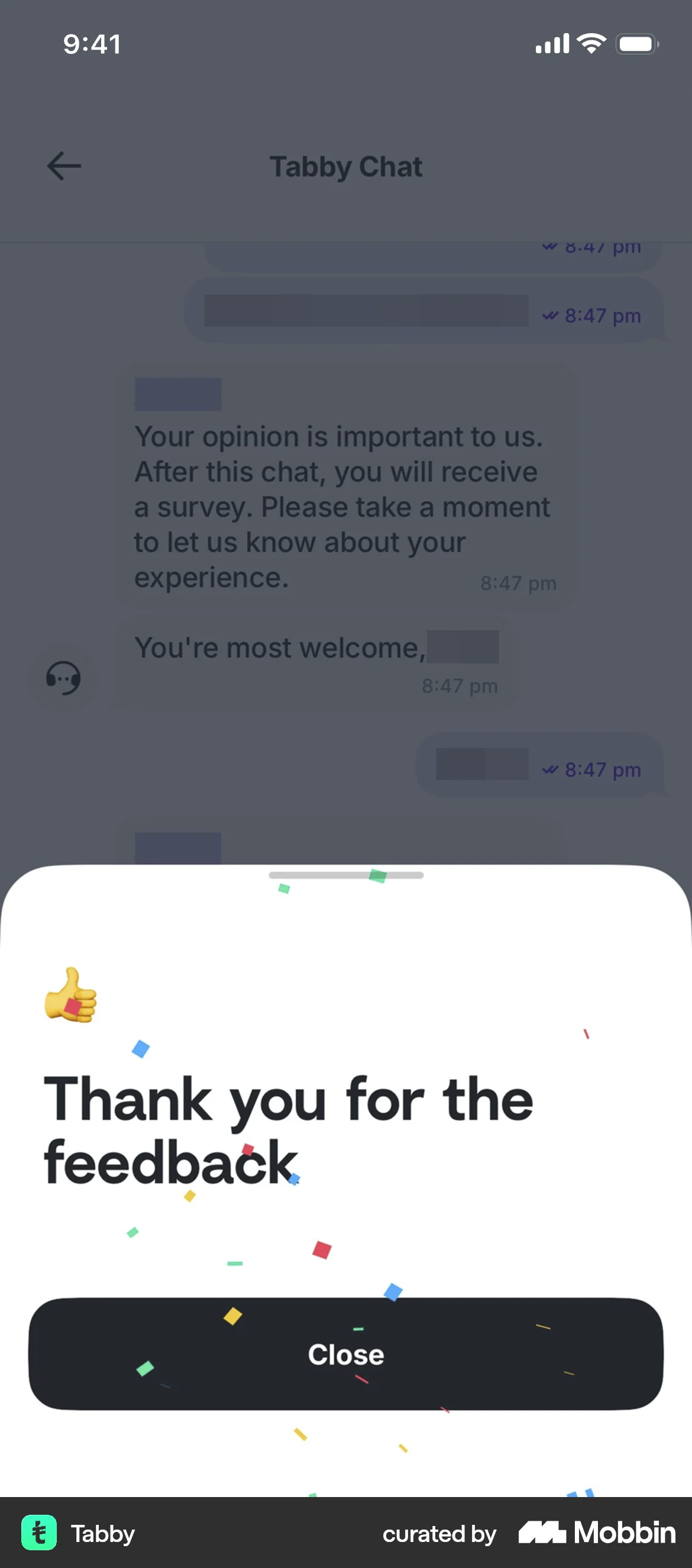 Tabby iOS Confetti screen