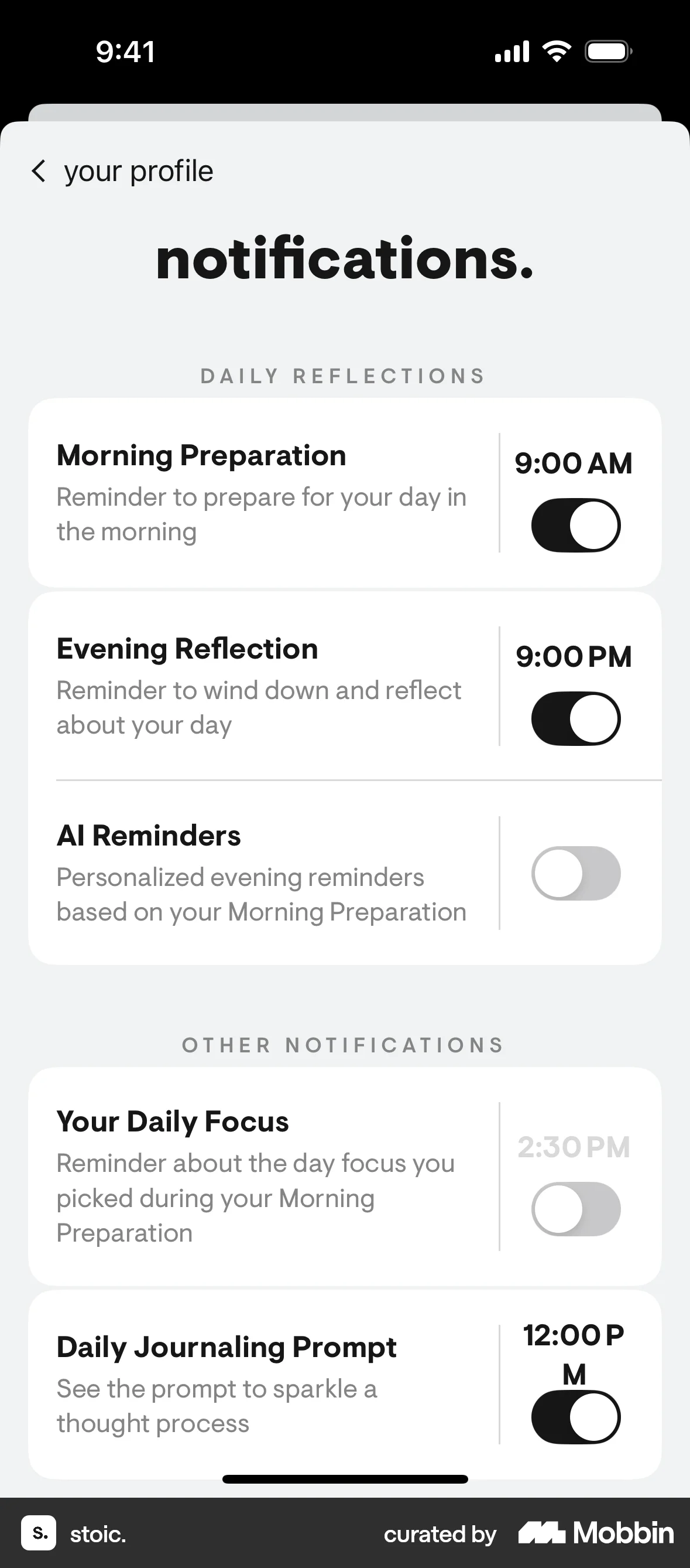 stoic. iOS Settings & Preferences screen