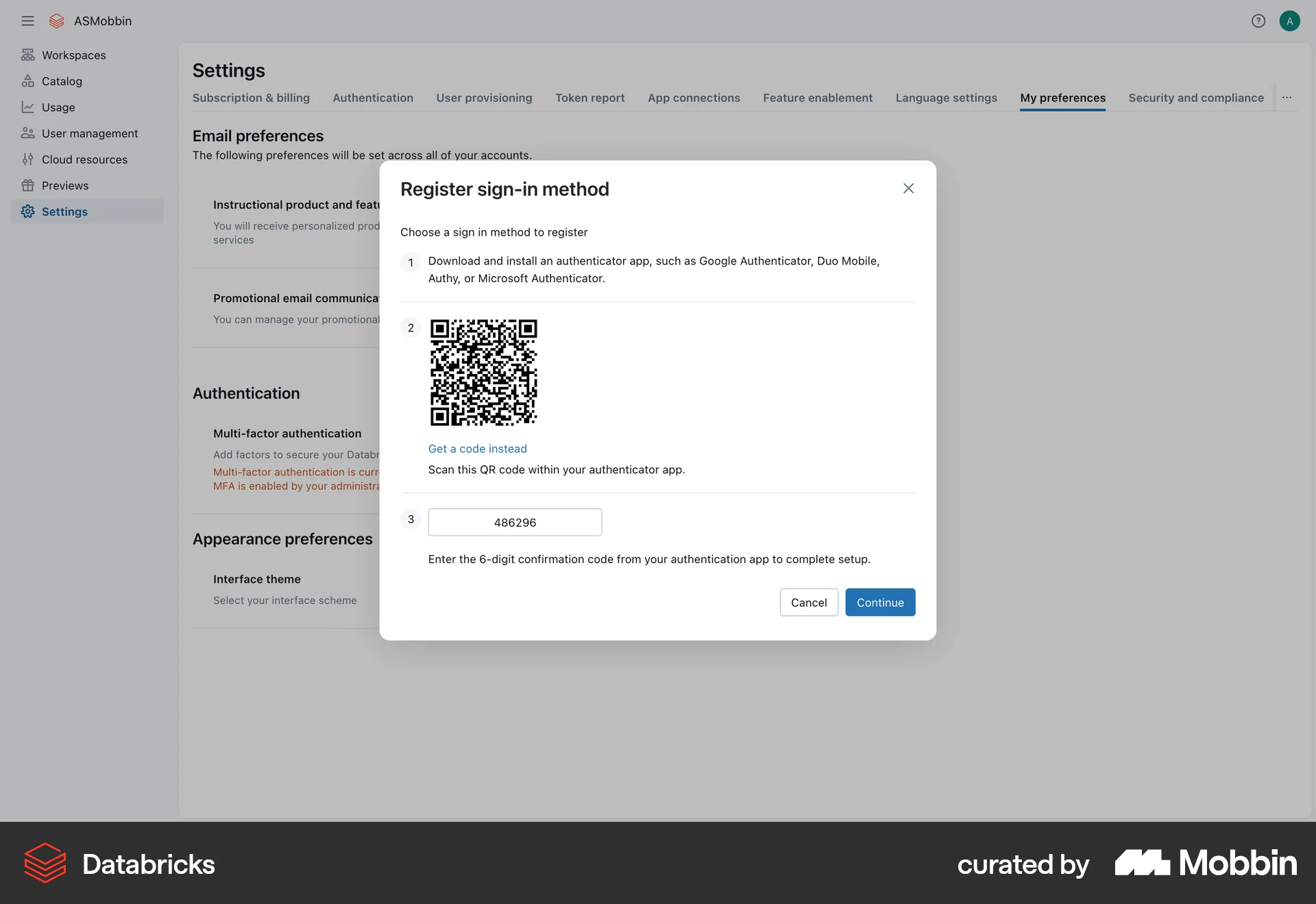 Databricks Web QR Code screen