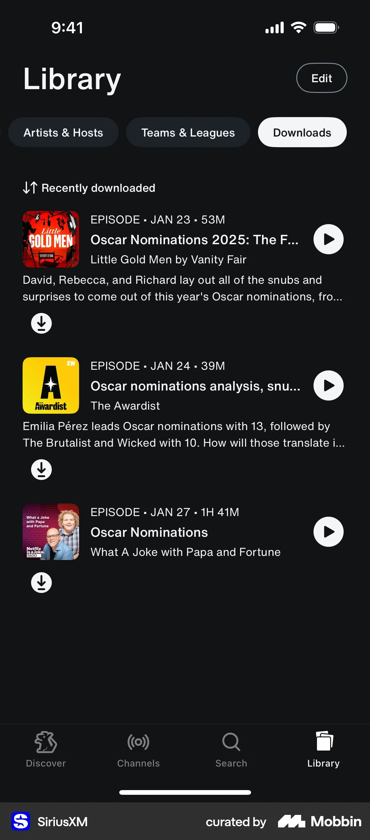 SiriusXM iOS Downloads & Available Offline screen