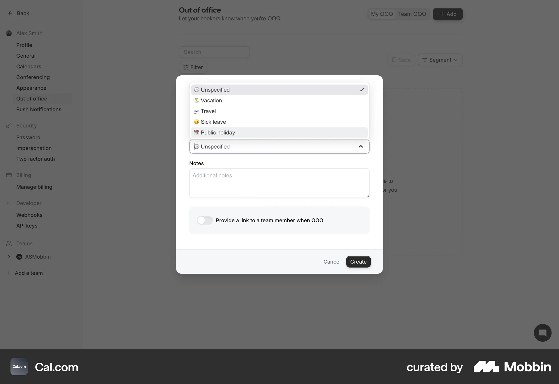 Cal.com Web screen containing Combobox UI element