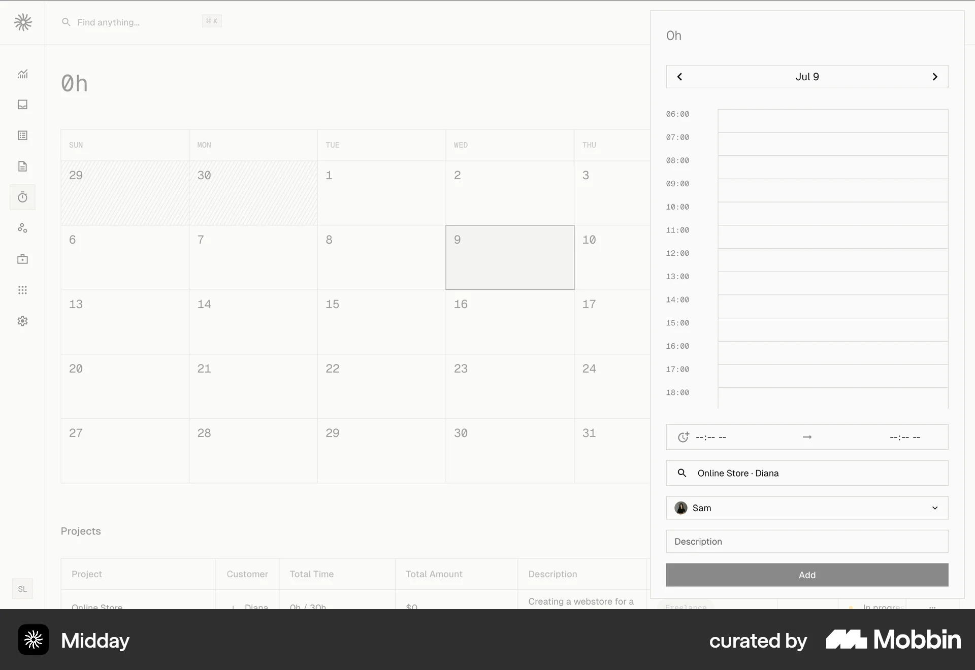 Midday Tracking a project screen