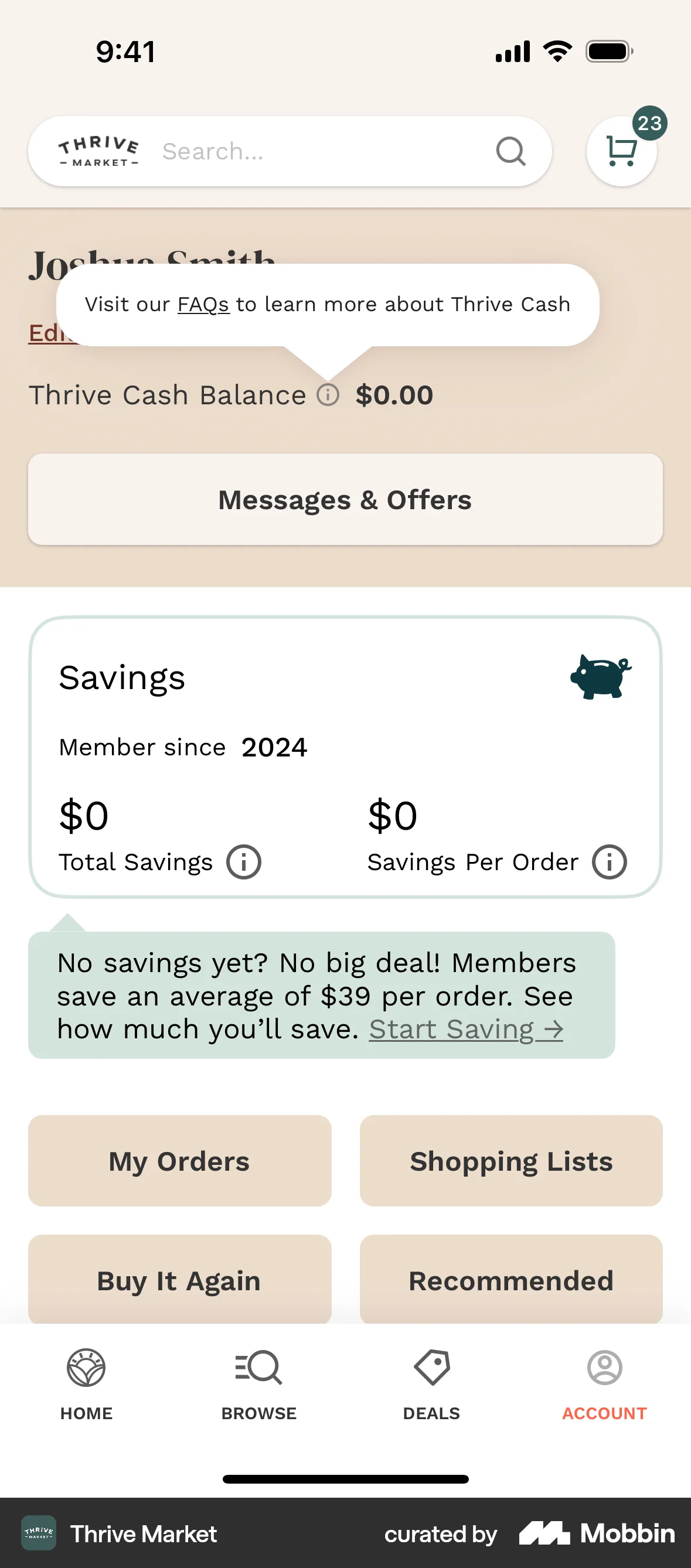 Thrive Market iOS screen containing Tooltip UI element