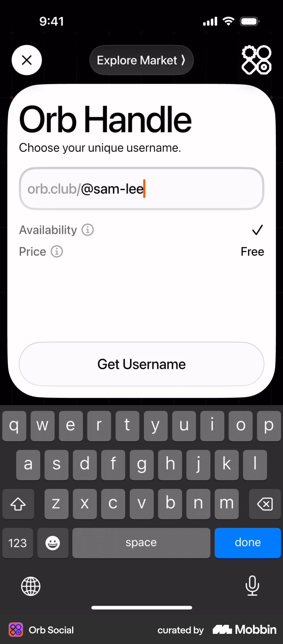 Orb Social iOS screen containing Text Field UI element