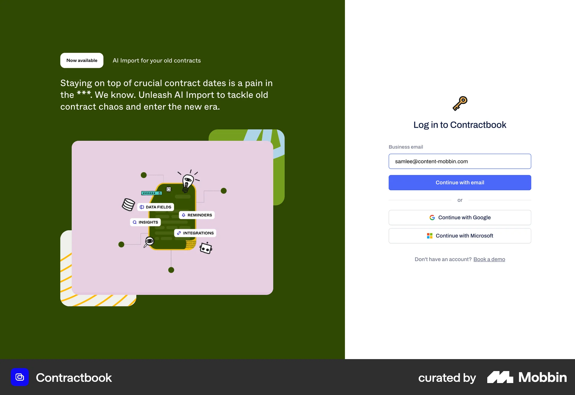 Contractbook Web Login screen