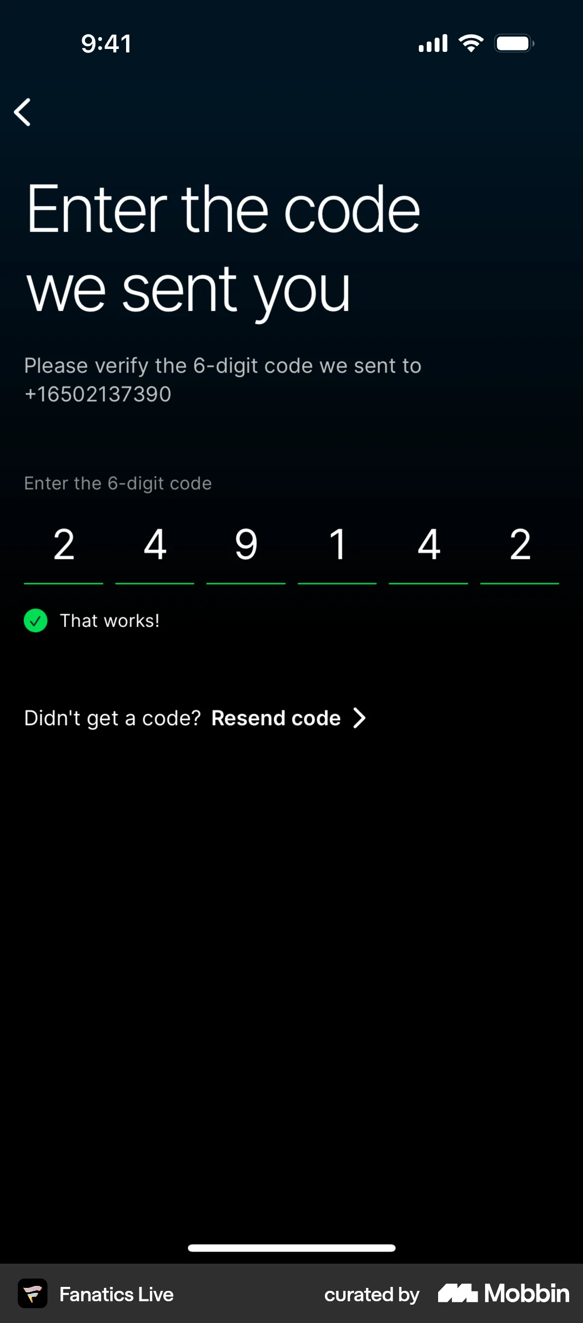 Fanatics Live iOS Verification screen