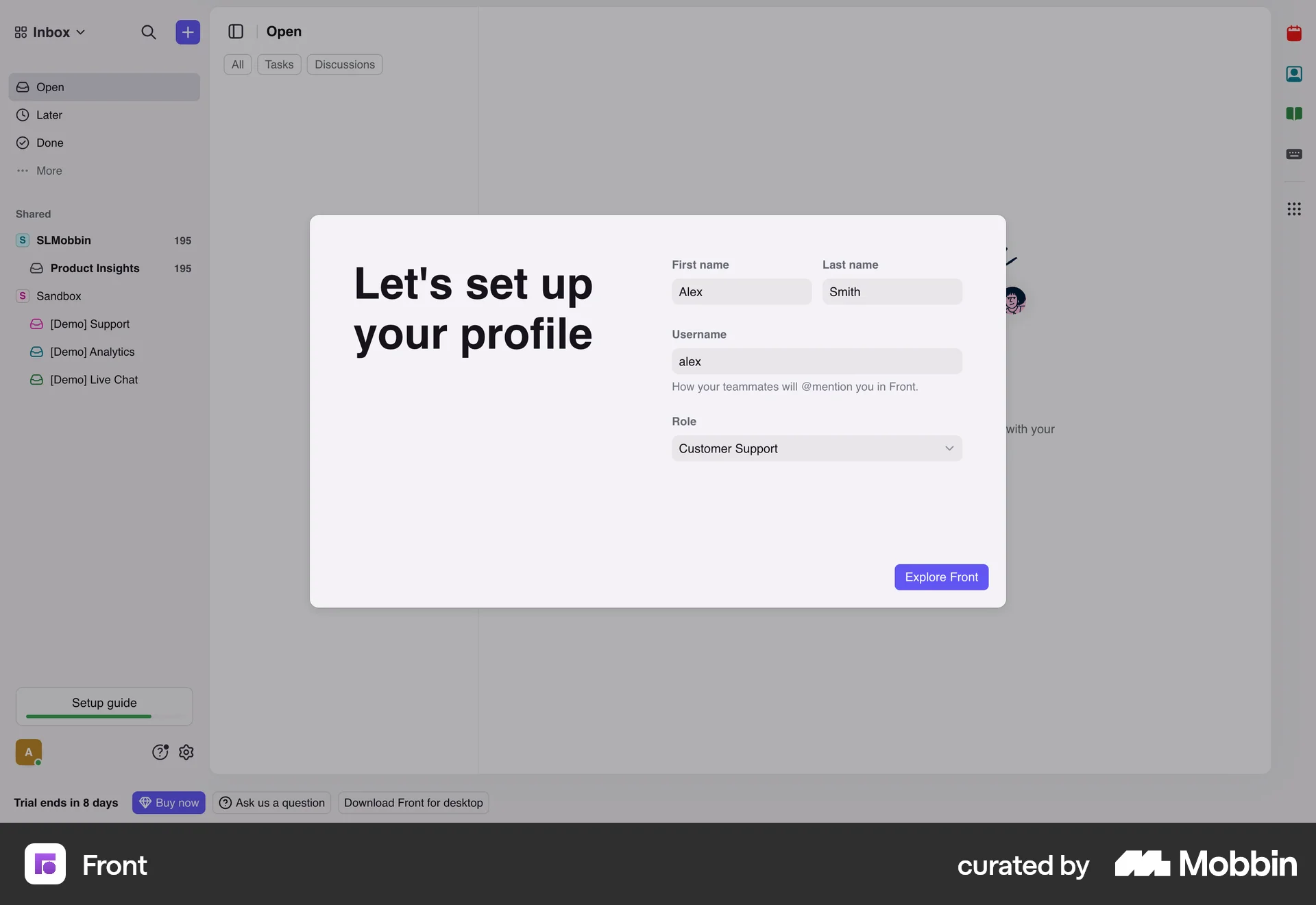 Front Web Account Setup screen