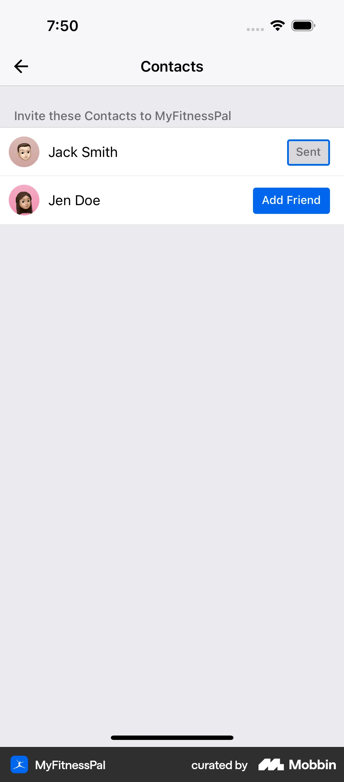 MyFitnessPal iOS Invite & Refer Friends screen