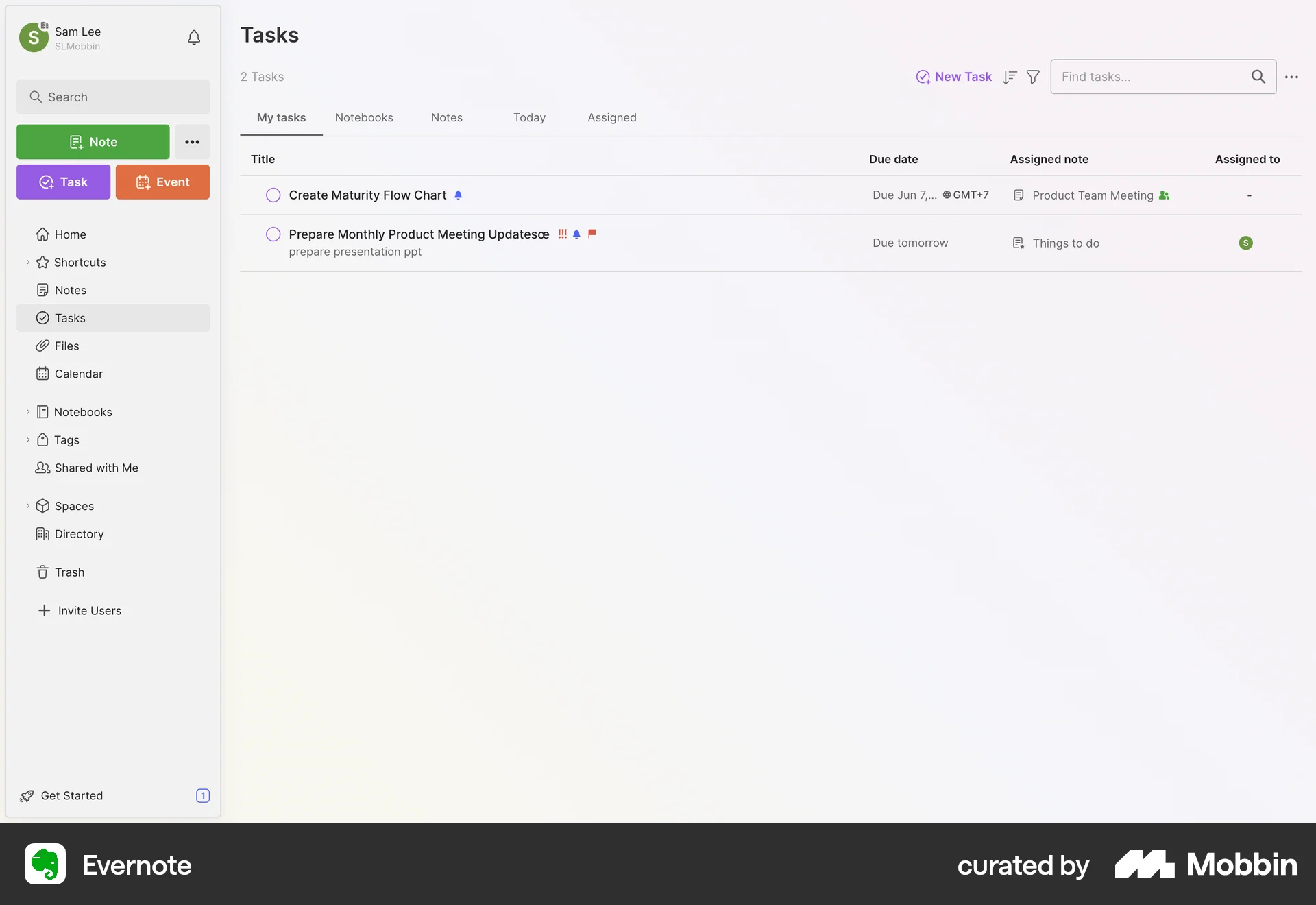 Evernote Web Goal & Task screen
