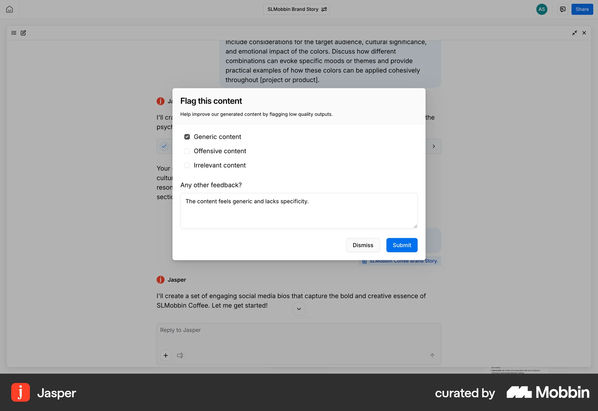 Jasper Web Feedback screen