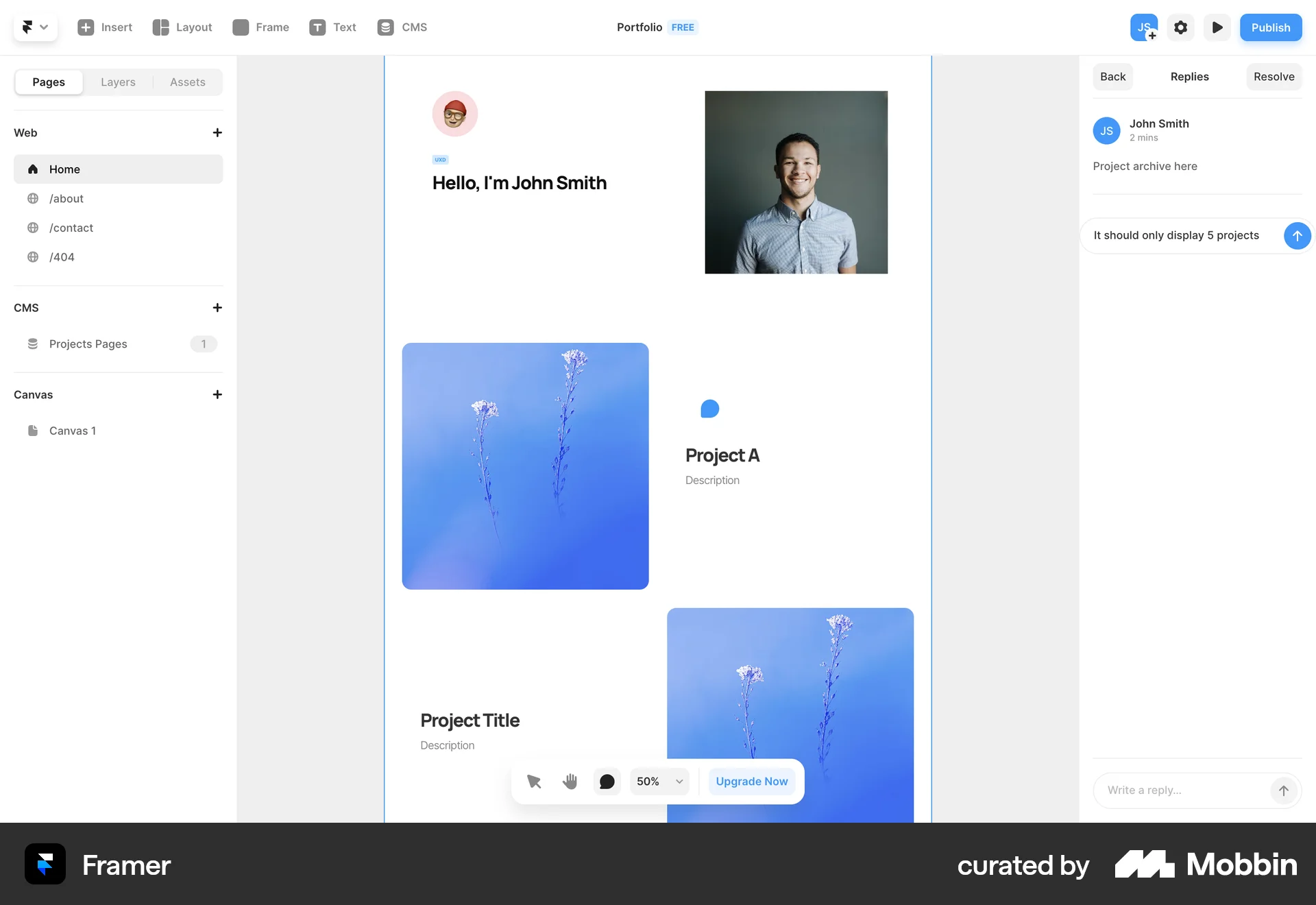 Framer Web Comments screen