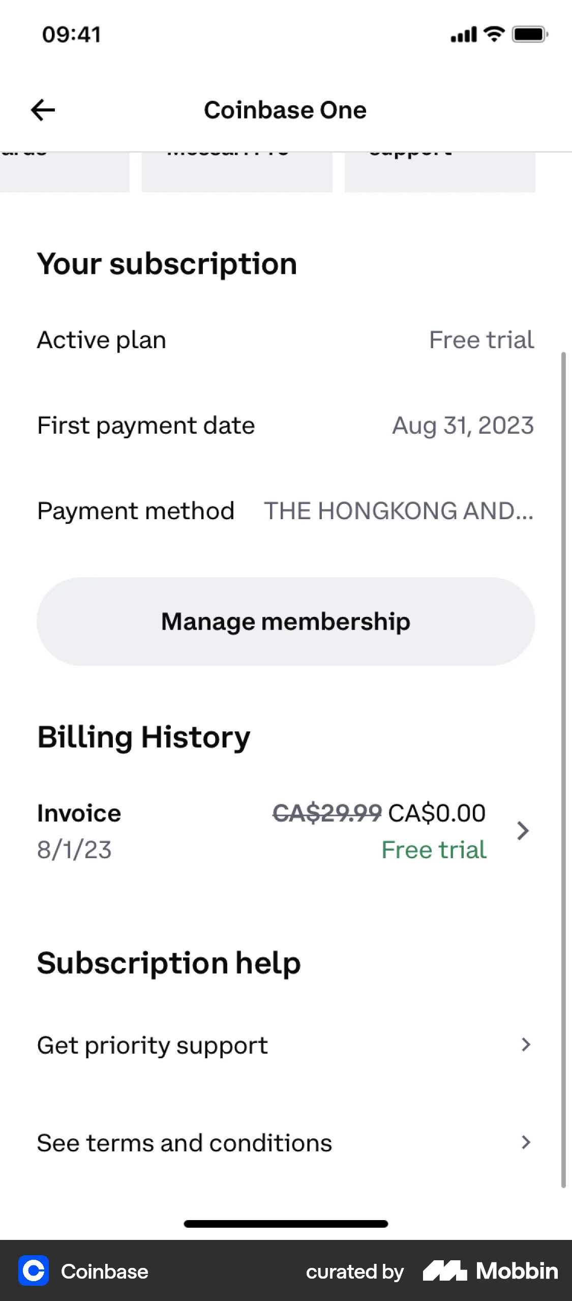 Coinbase iOS Billing screen