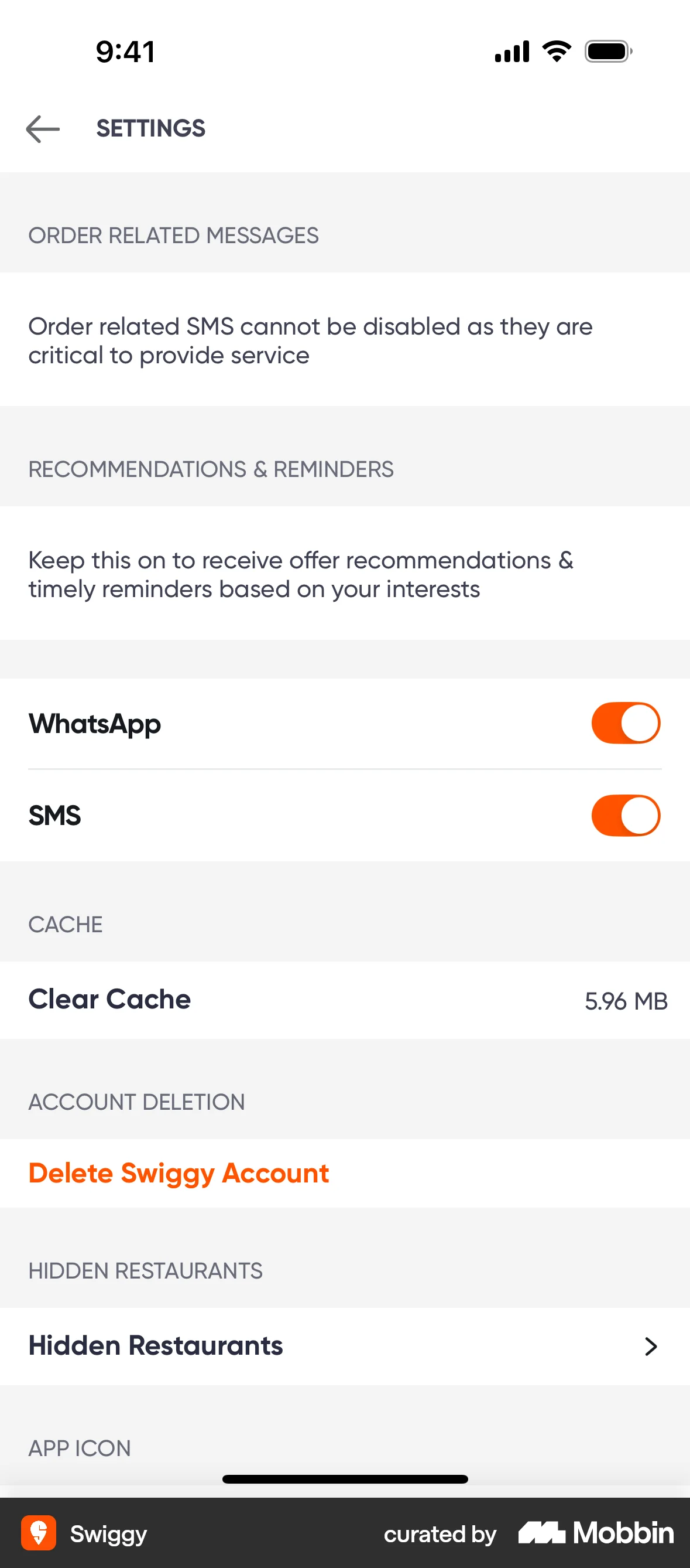 Swiggy iOS Settings & Preferences screen