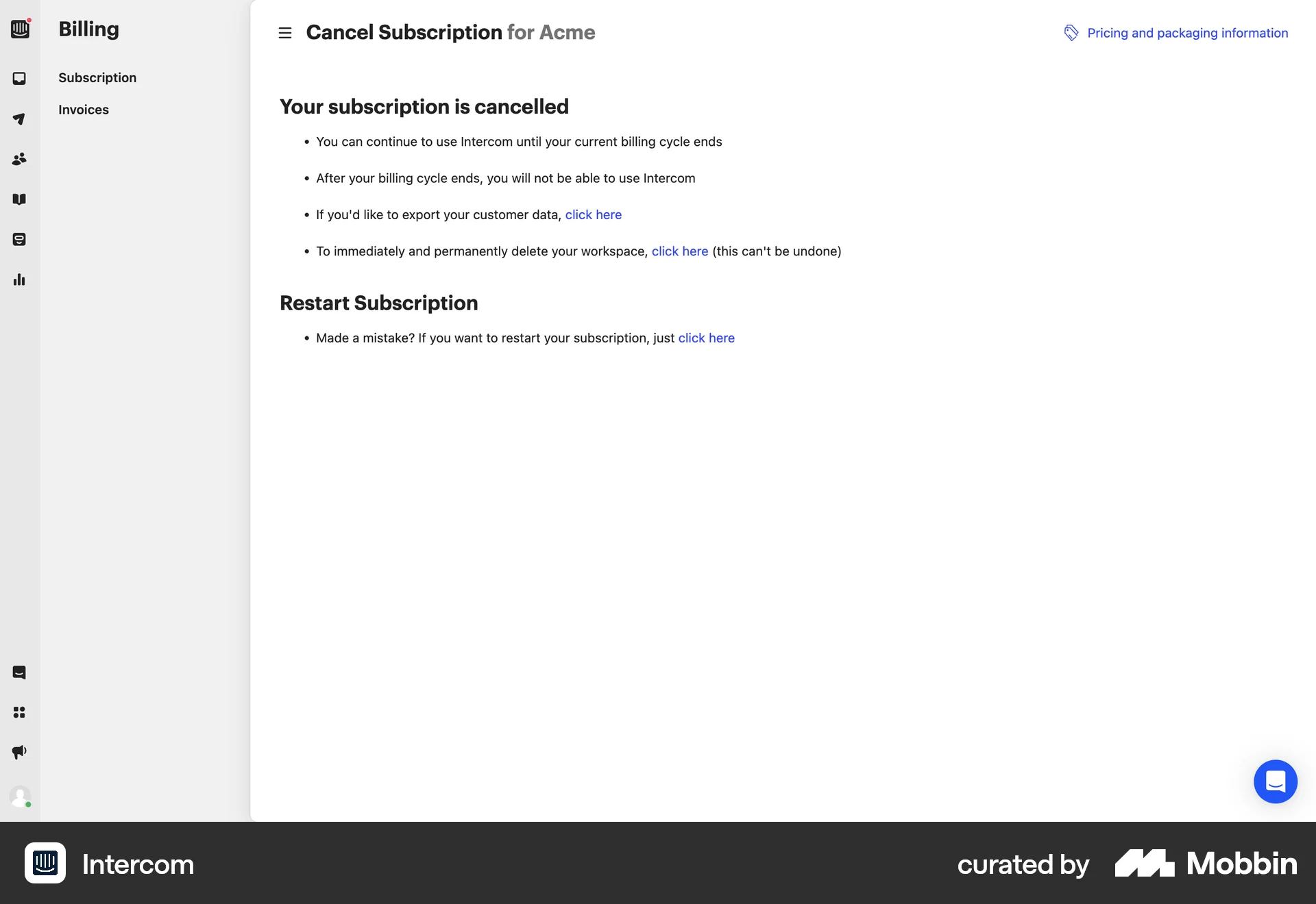 Intercom Web Cancel screen