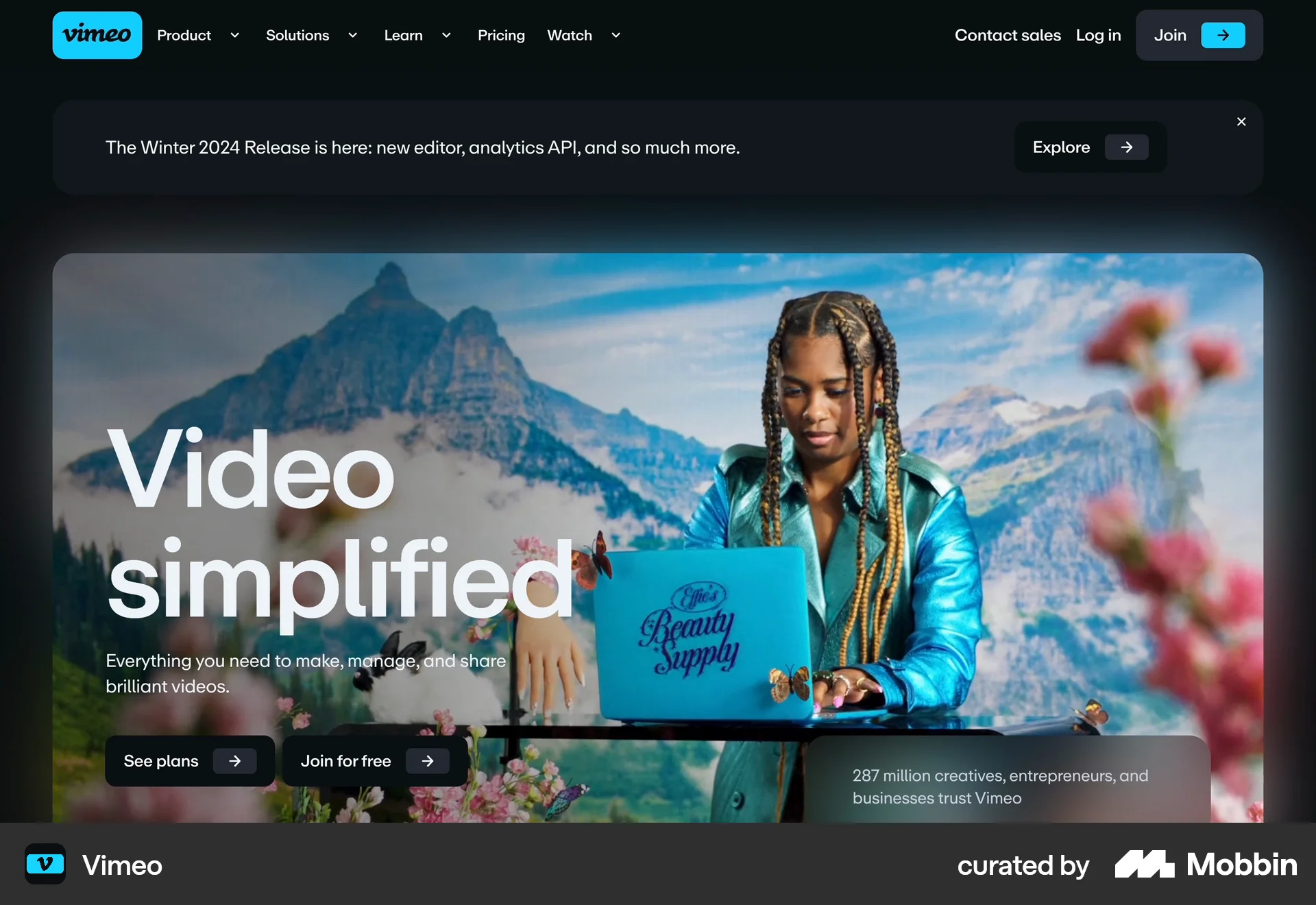 Vimeo Web screen containing Top Navigation Bar UI element