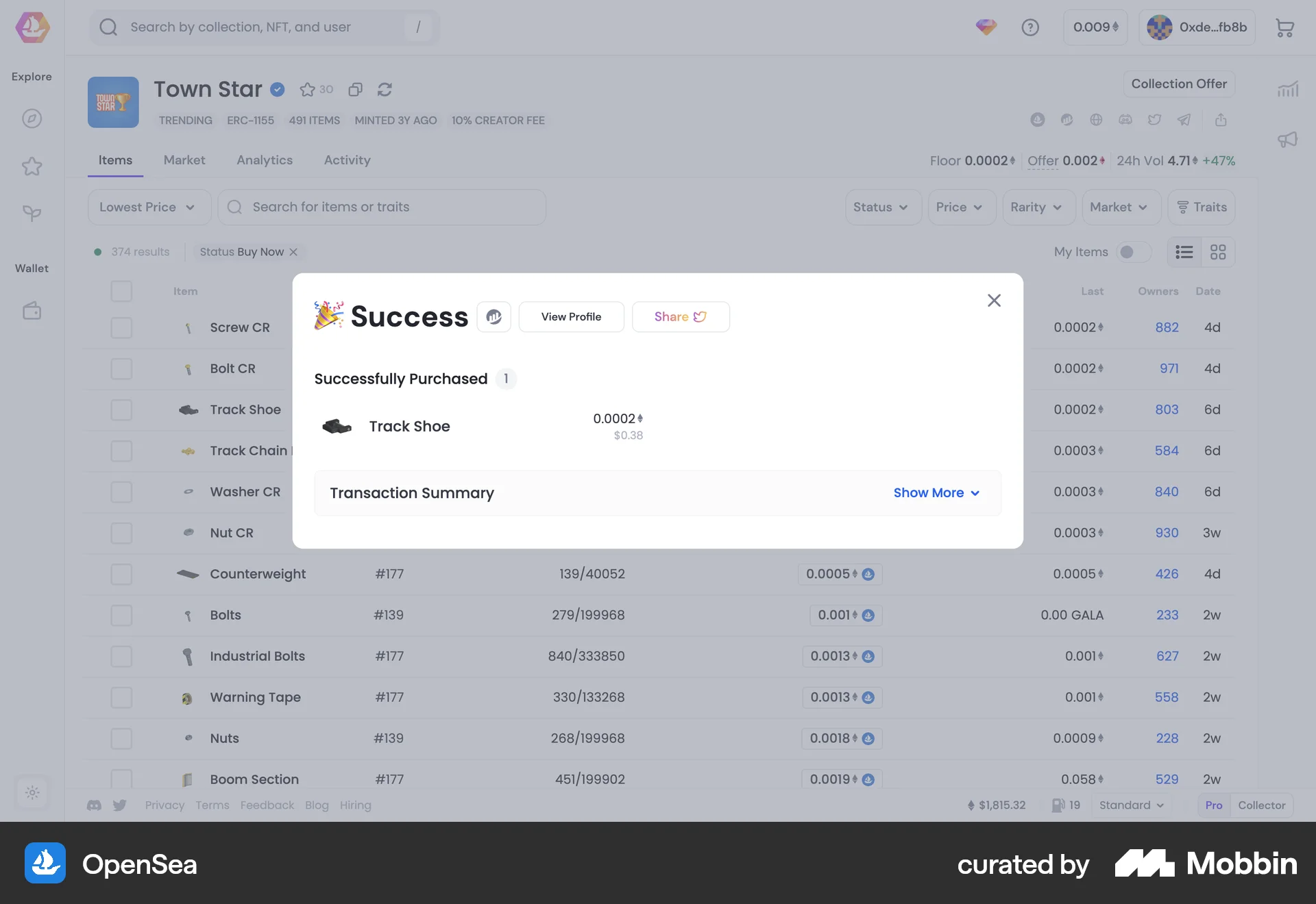 OpenSea Web Order Confirmation screen