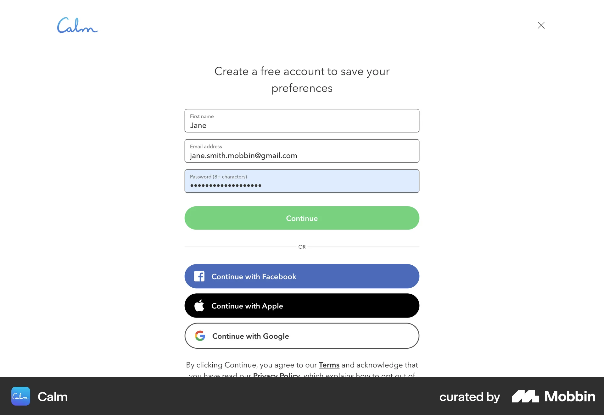 Calm Web Signup screen