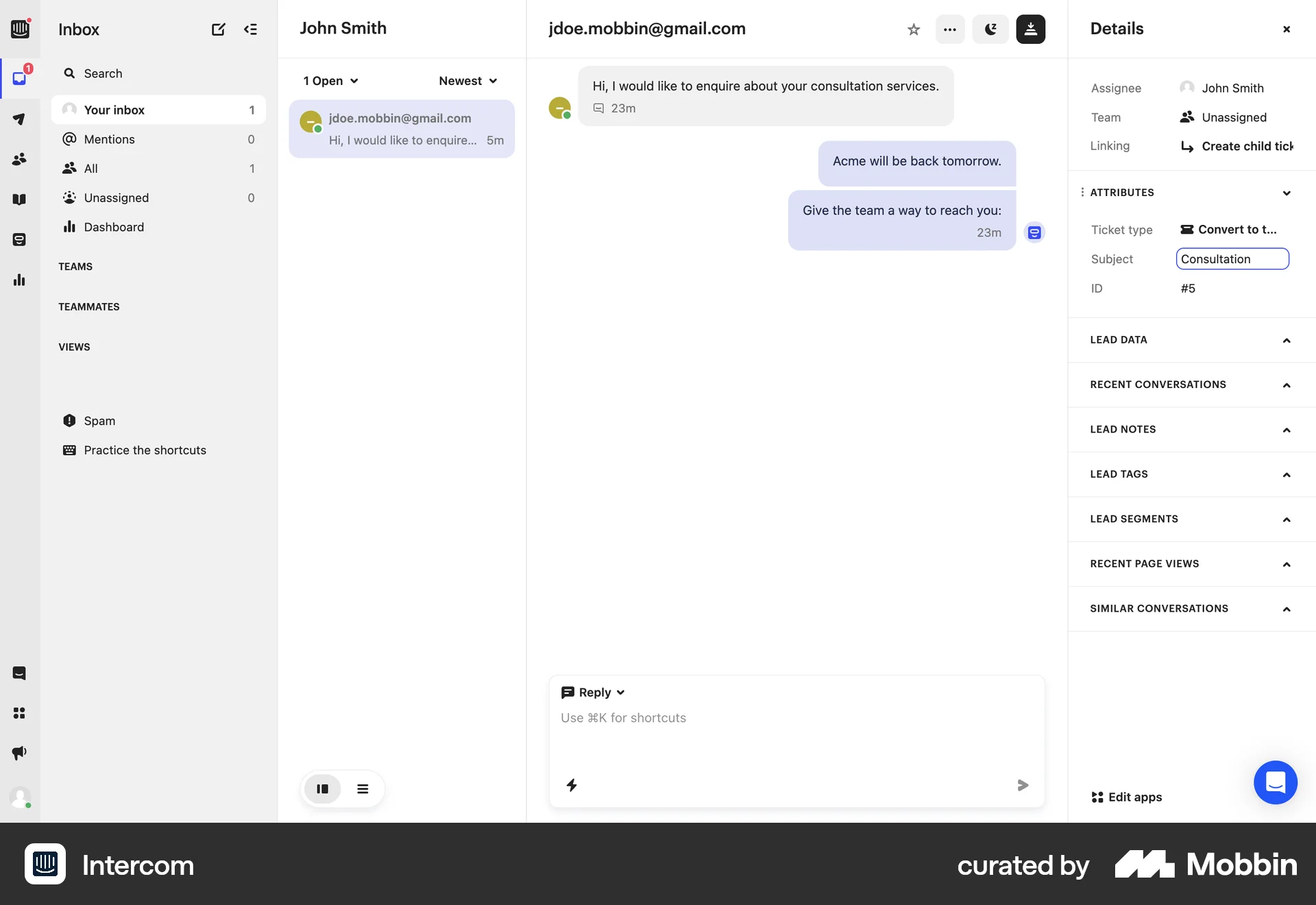 Intercom Web screen containing Editable Text UI element