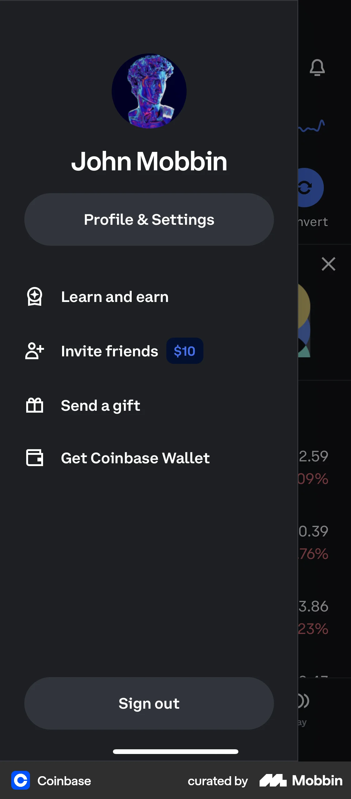 Coinbase iOS screen containing Side Navigation UI element