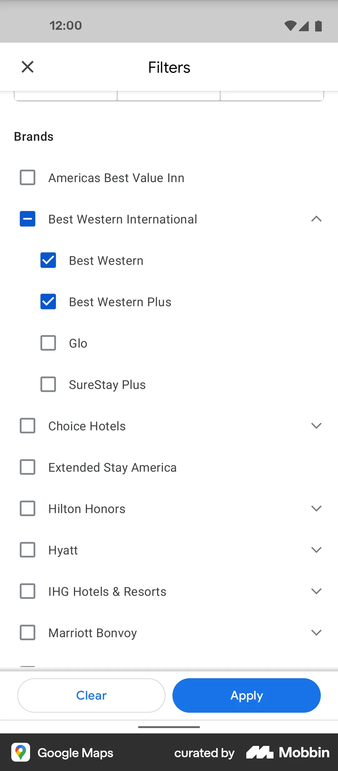 Google Maps Android screen containing Checkbox UI element