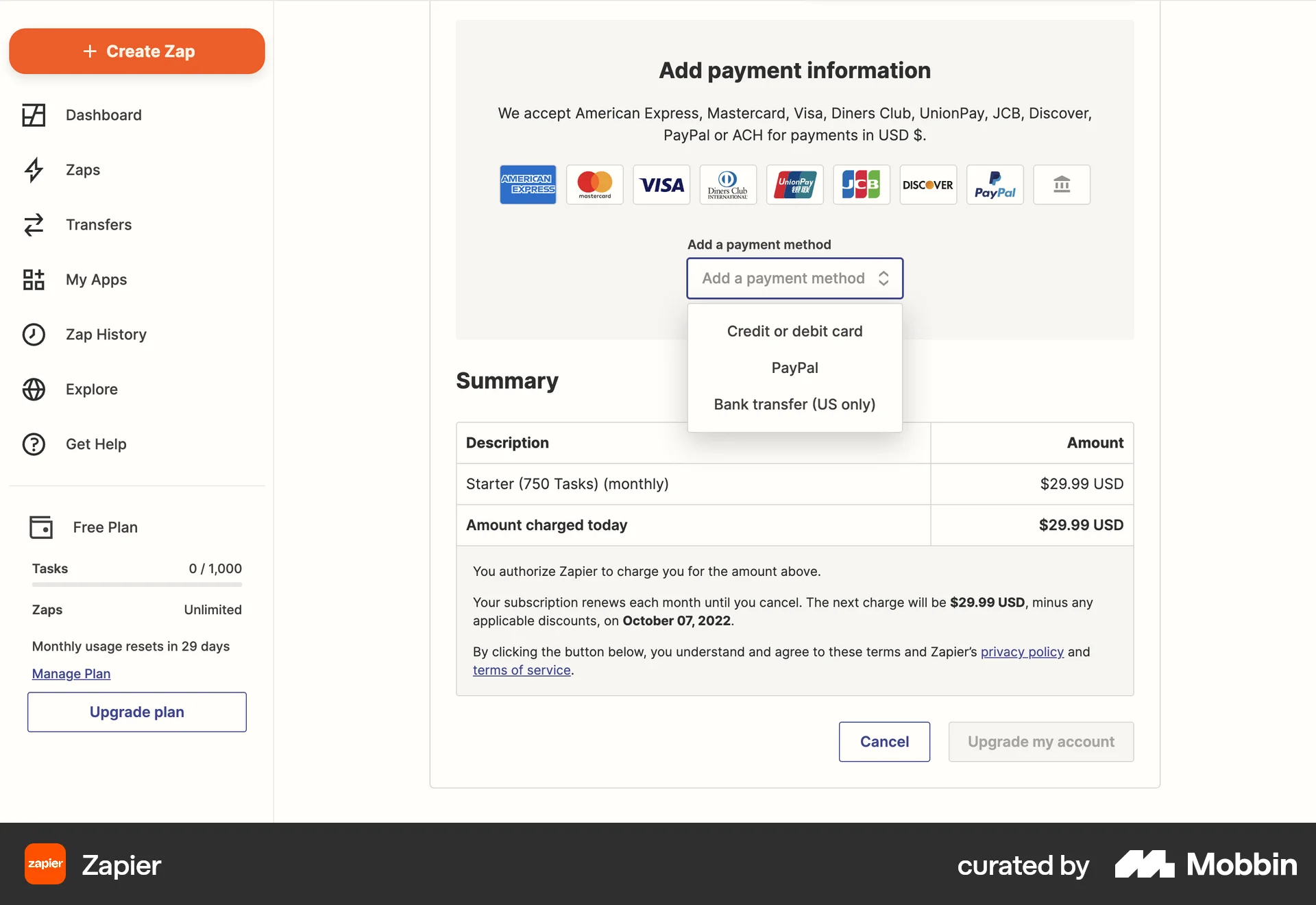Zapier Web screen containing Dropdown Menu UI element