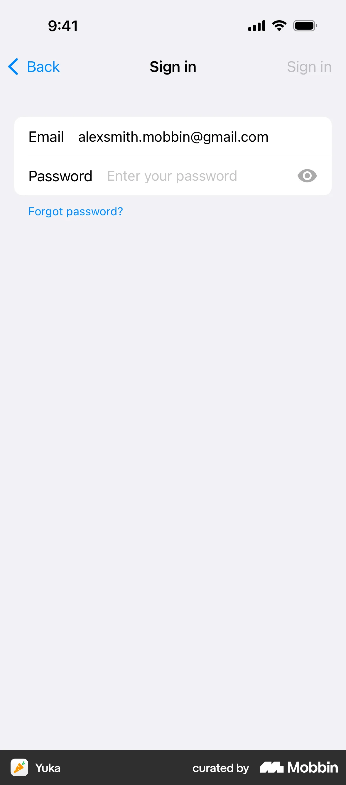Yuka iOS Login screen