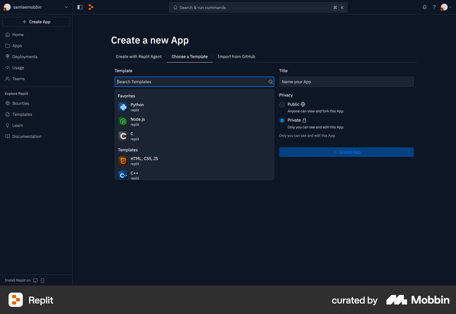 Replit Web screen containing Combobox UI element