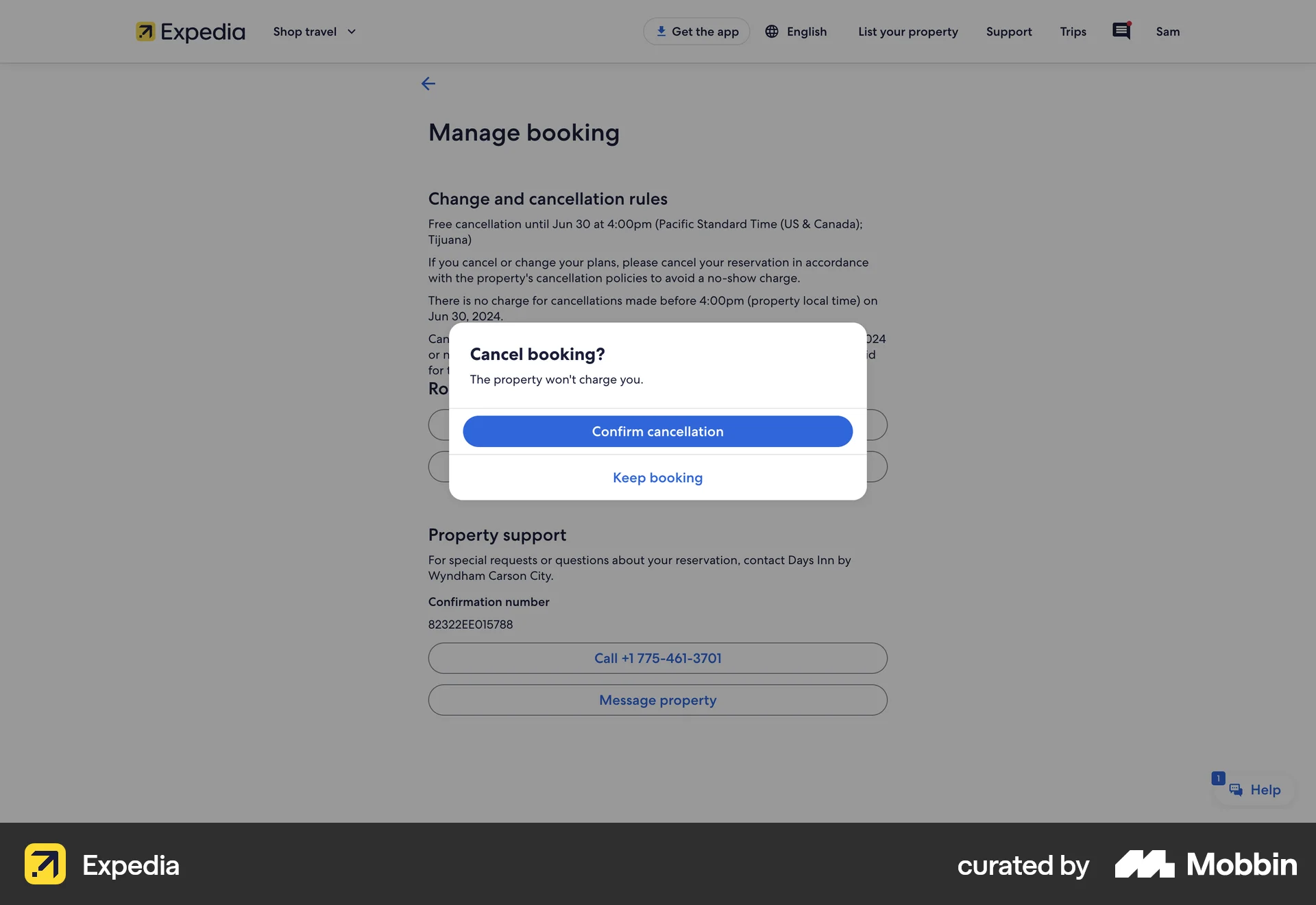 Expedia Web Cancel screen