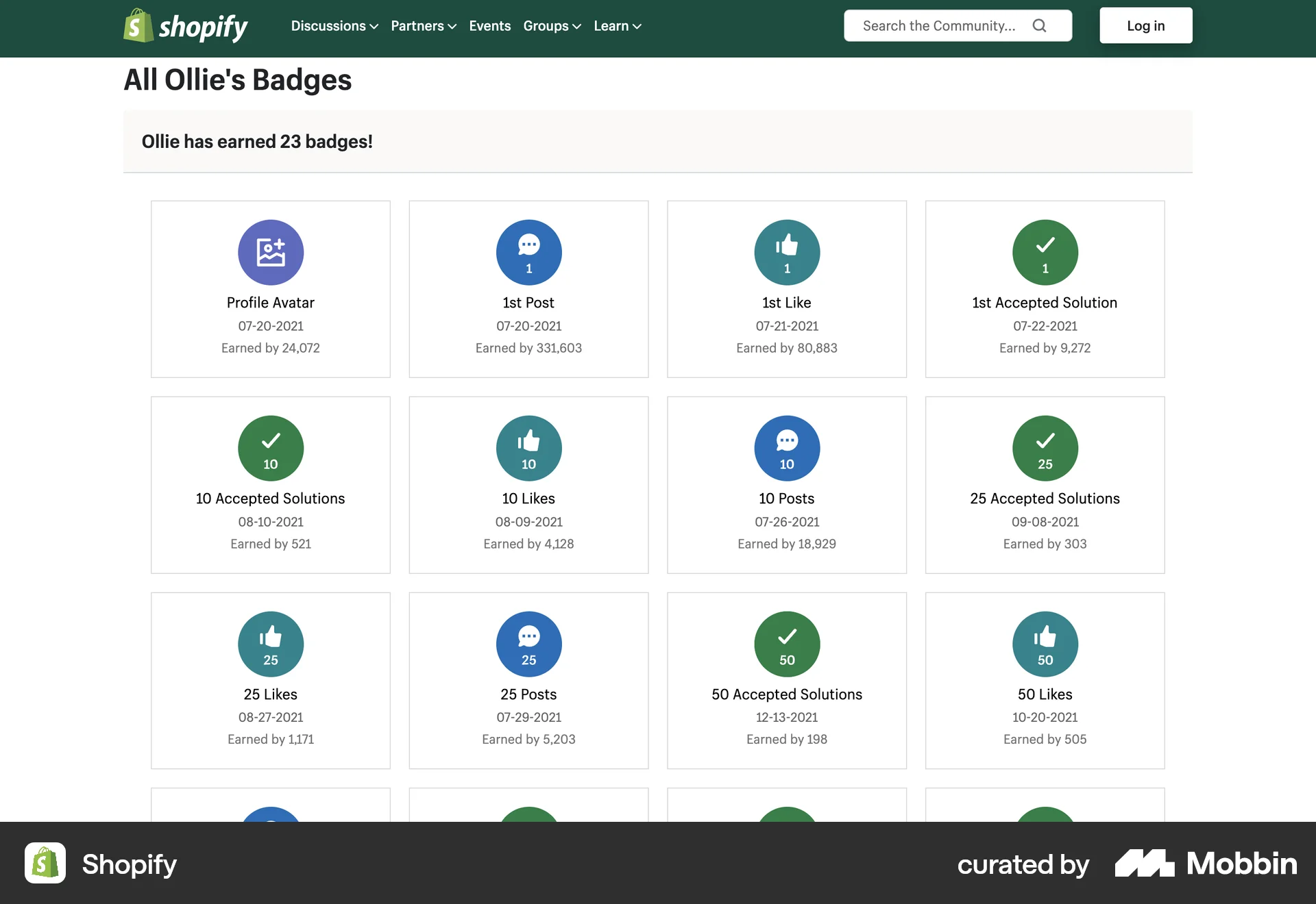 Shopify Web Achievements & Awards screen