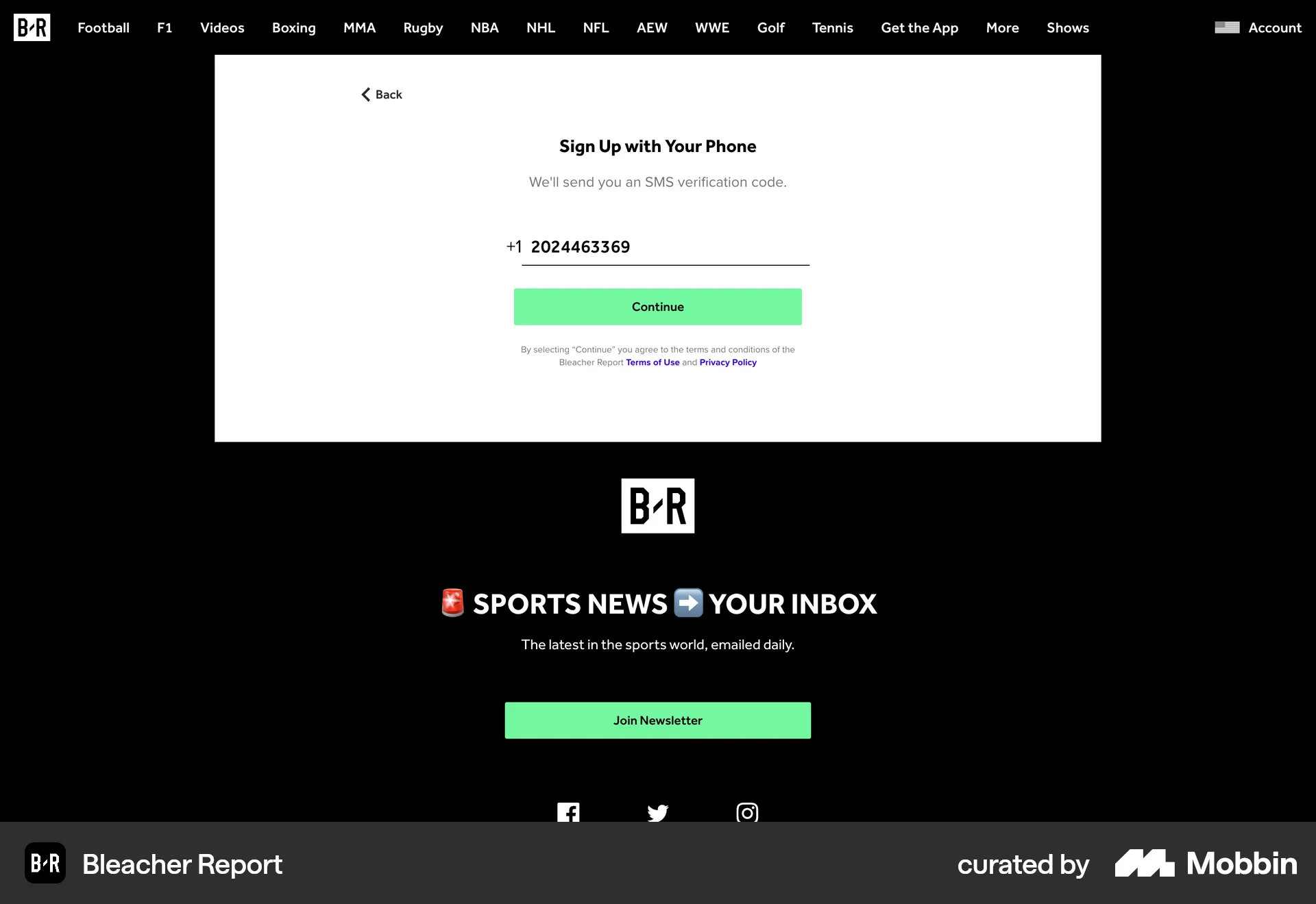 Bleacher Report Web Sports App screen