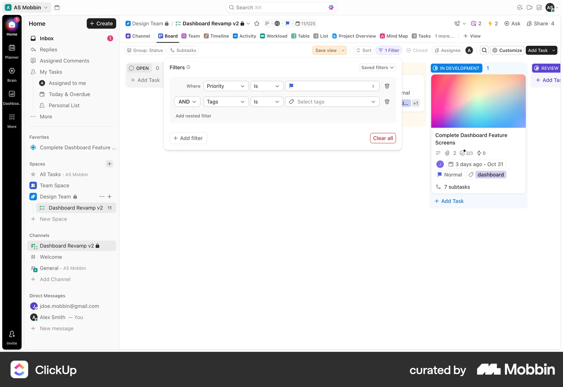 ClickUp Web screen containing Filter Panel UI UI element