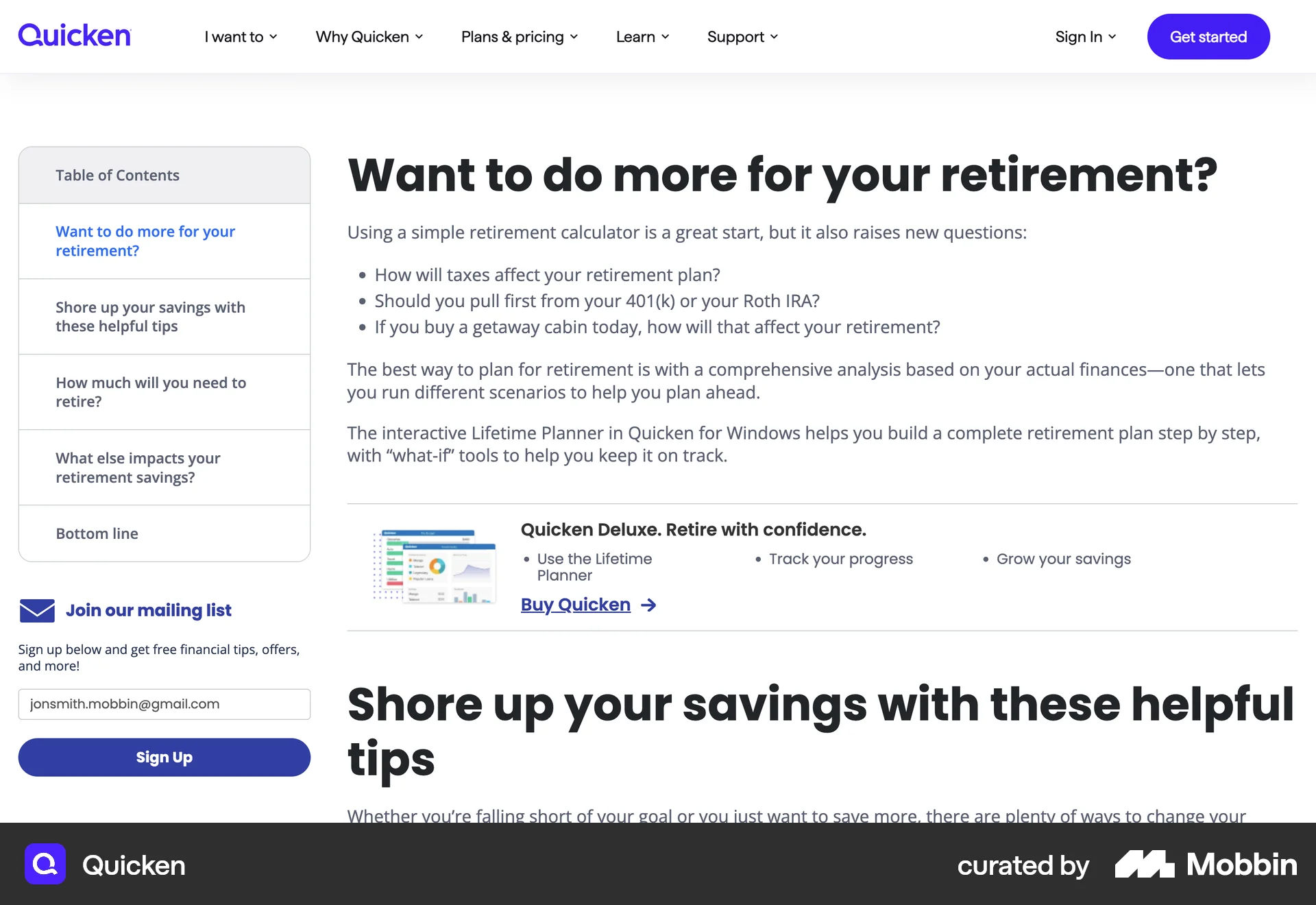 Quicken Web Follow & Subscribe screen