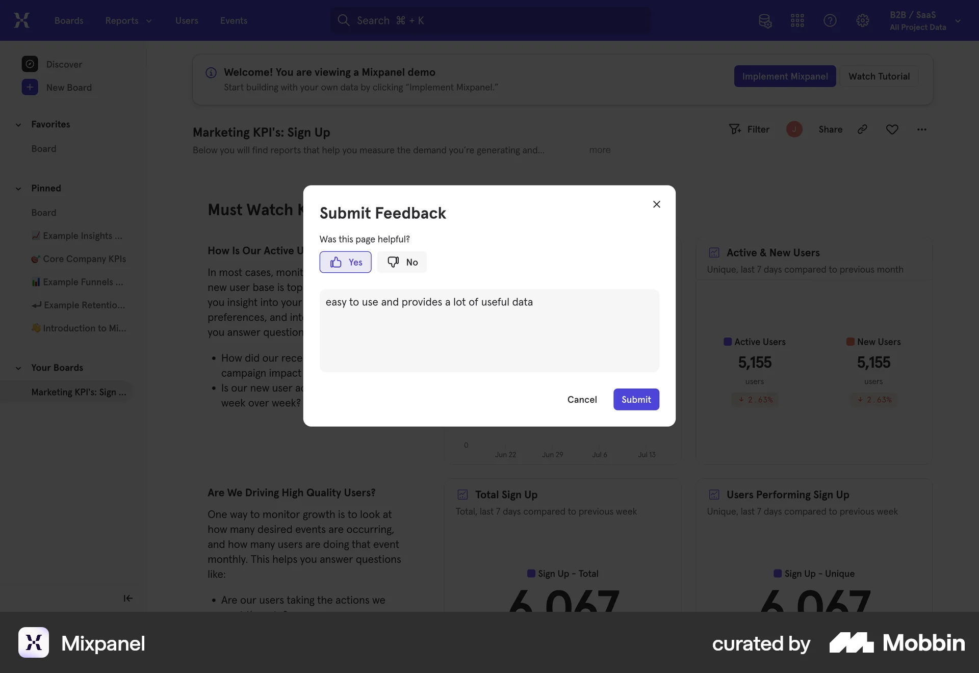 Mixpanel Web screen containing Rating Control UI element