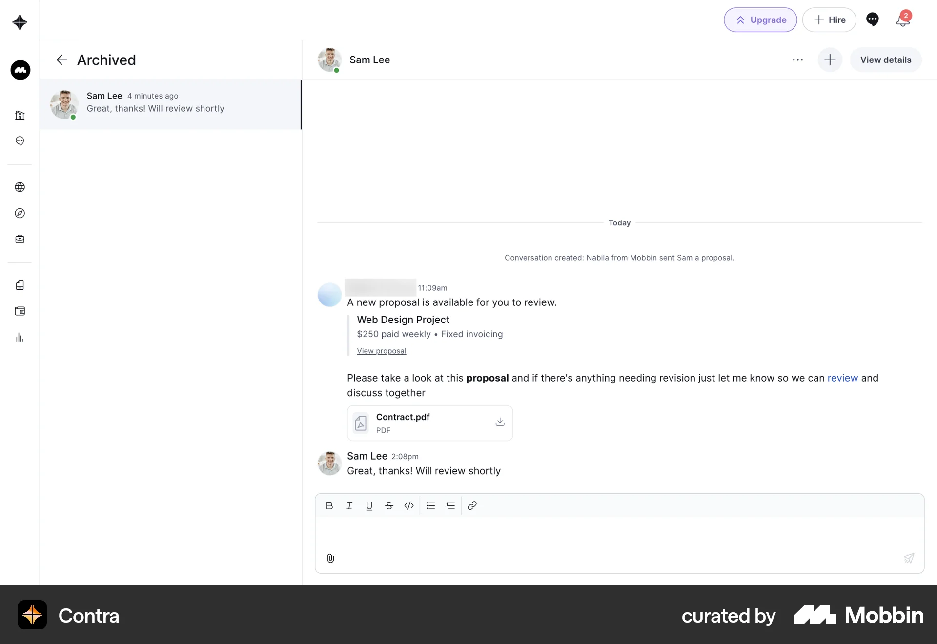 Contra Web Trash & Archive screen