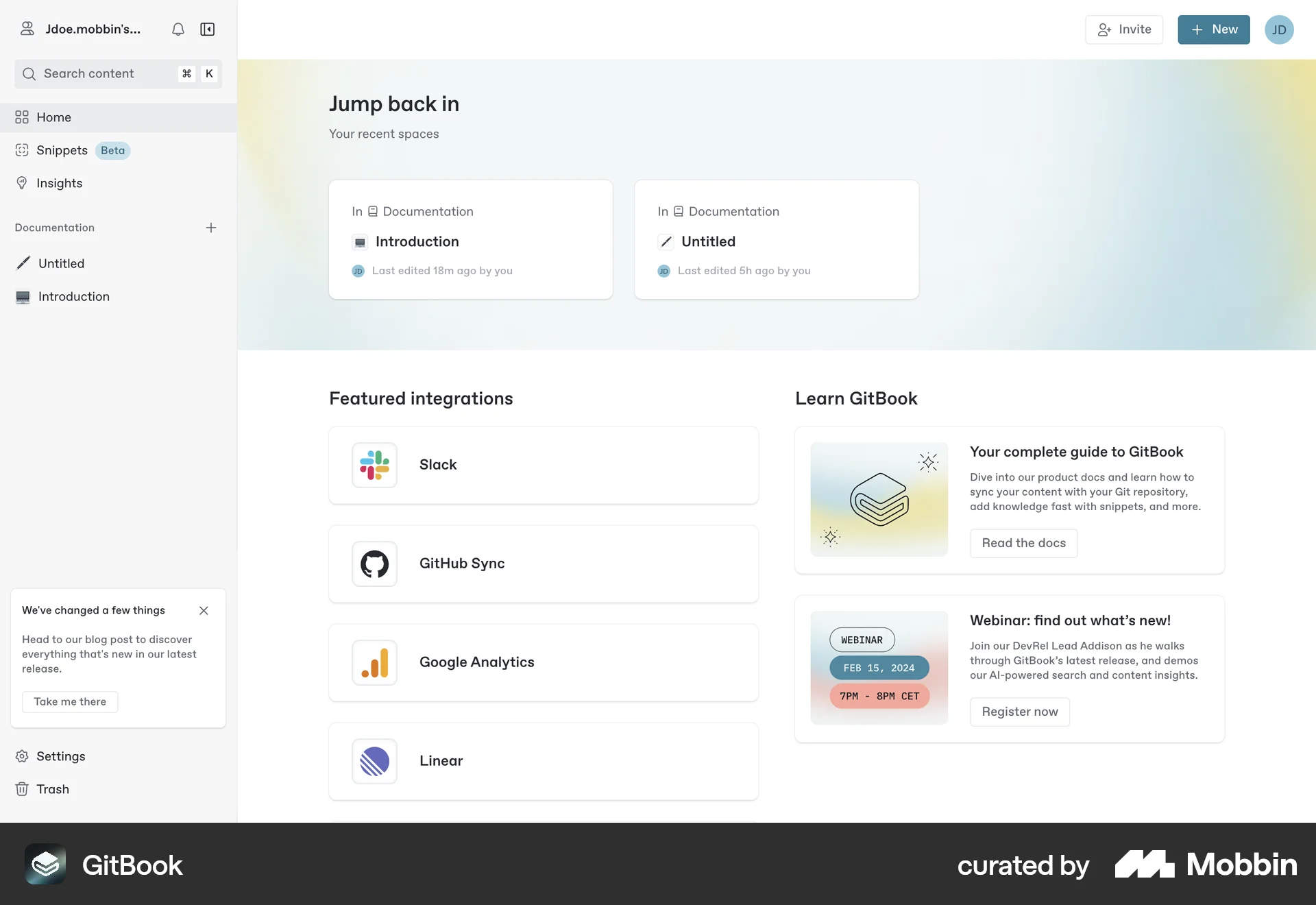 GitBook Web Home screen