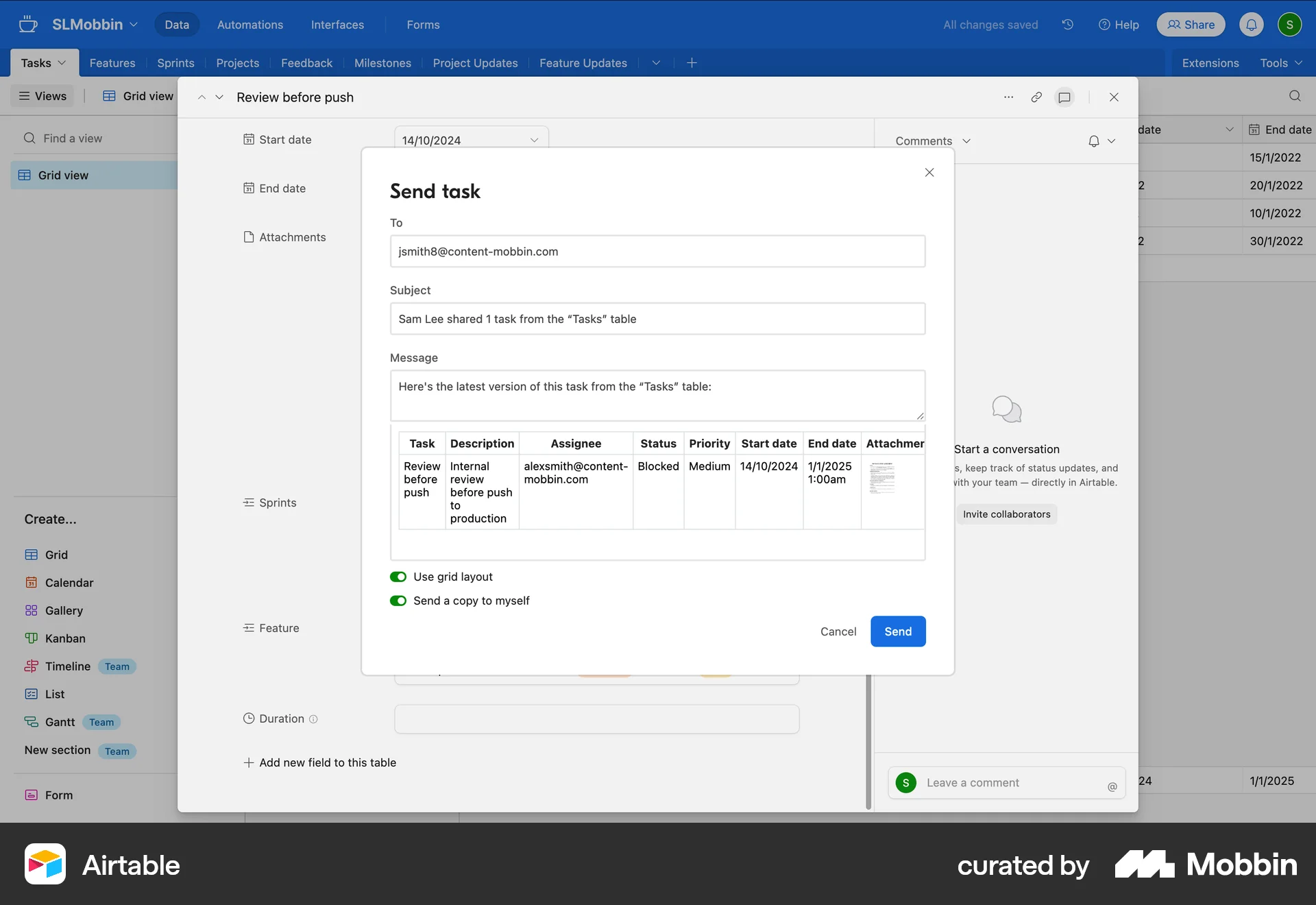 Airtable Web Emails & Messages screen
