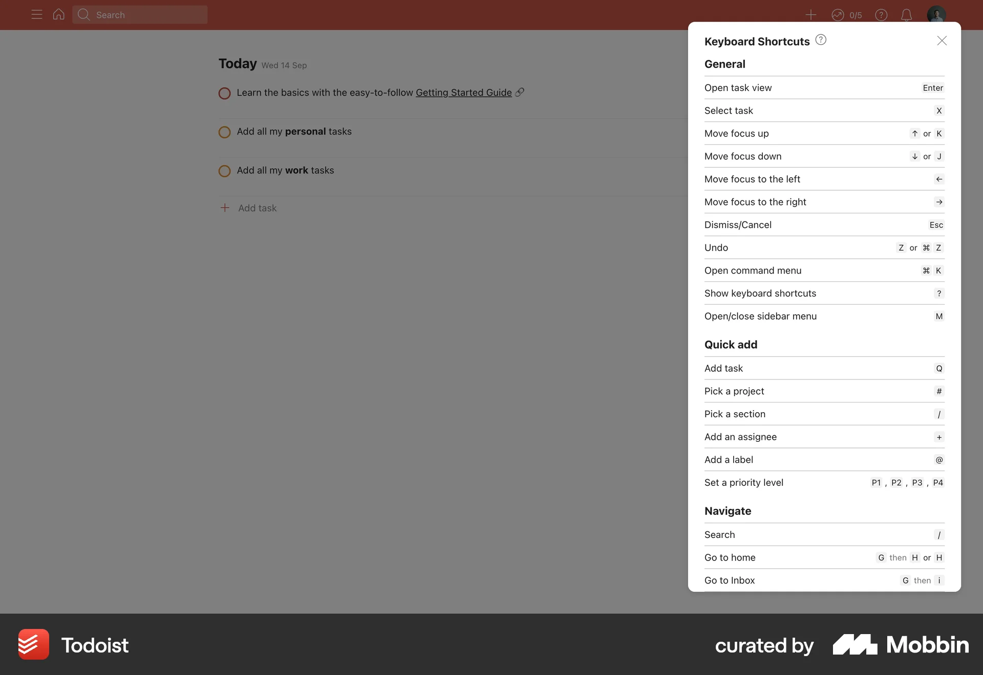 Todoist Web screen containing Keyboard Key UI element