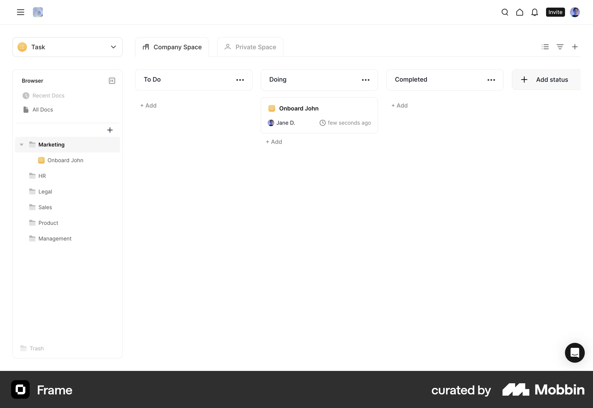Frame Web Kanban Board screen